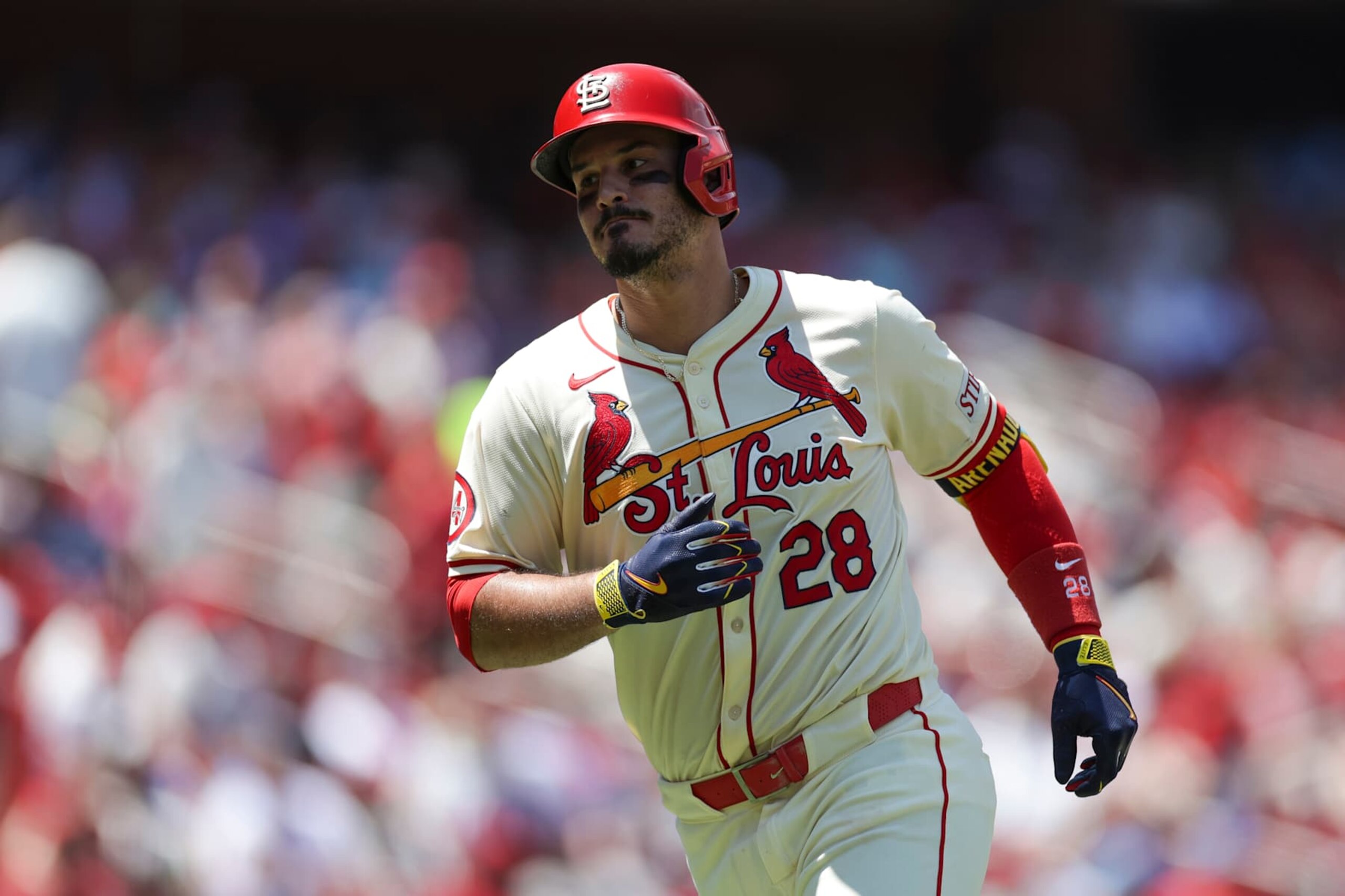 ST LOUIS, MISSOURI - JUNE 29: Nolan Arenado #28 of the St. Louis Cardinals reacts after hitting a pop fly in the fourth inning during a game against the Cincinnati Reds at Busch Stadium on June 29, 2024 in St Louis, Missouri. (Photo by Brandon Sloter/Image Of Sport/Getty Images)