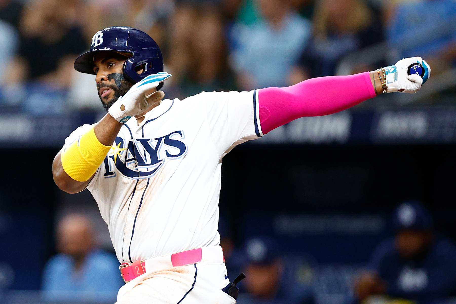 ST PETERSBURG, FLORIDA - JULY 11: Yandy Díaz #2 of the Tampa Bay Rays hits a double during the third inning against the New York Yankees at Tropicana Field on July 11, 2024 in St Petersburg, Florida. (Photo by Douglas P. DeFelice/Getty Images)