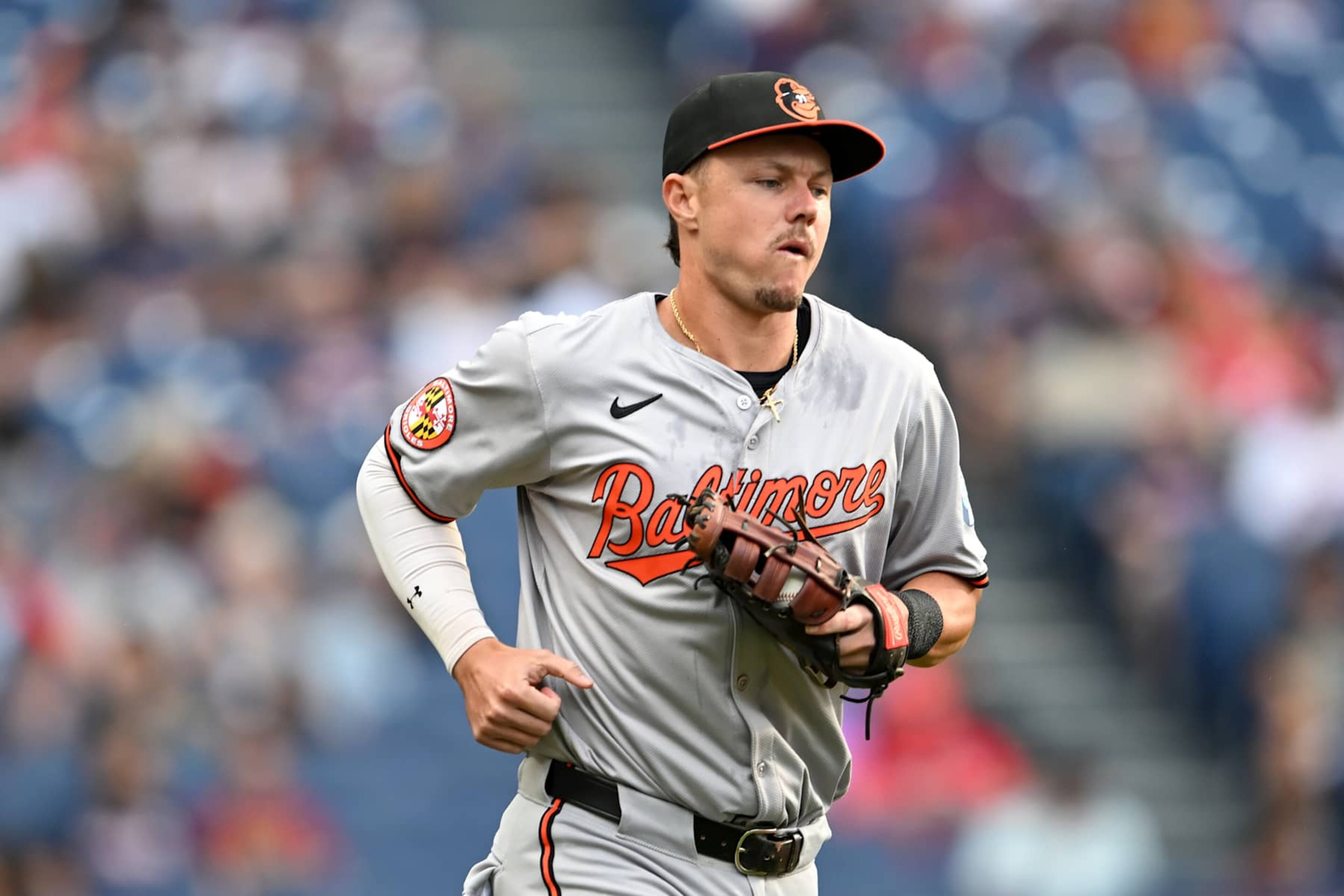 CLEVELAND, OHIO - AUGUST 02: Ryan Mountcastle #6 of the Baltimore Orioles warms up prior to a game against the Cleveland Guardians at Progressive Field on August 02, 2024 in Cleveland, Ohio. (Photo by Nick Cammett/Diamond Images via Getty Images)