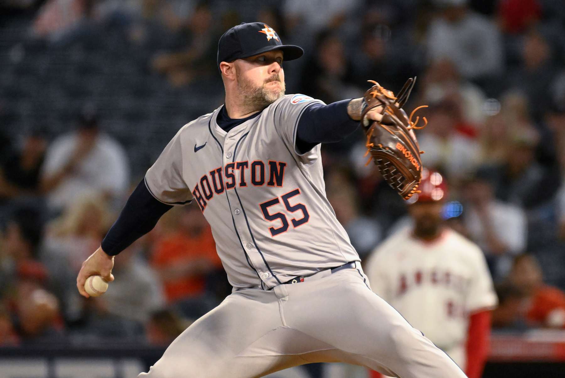 ANAHEIM, CALIFORNIA - JUNE 8: Ryan Pressly #55 of the Houston Astros pitches against the Los Angeles Angels at Angel Stadium of Anaheim on June 8, 2024 in Anaheim, California. (Photo by John McCoy/Getty Images)