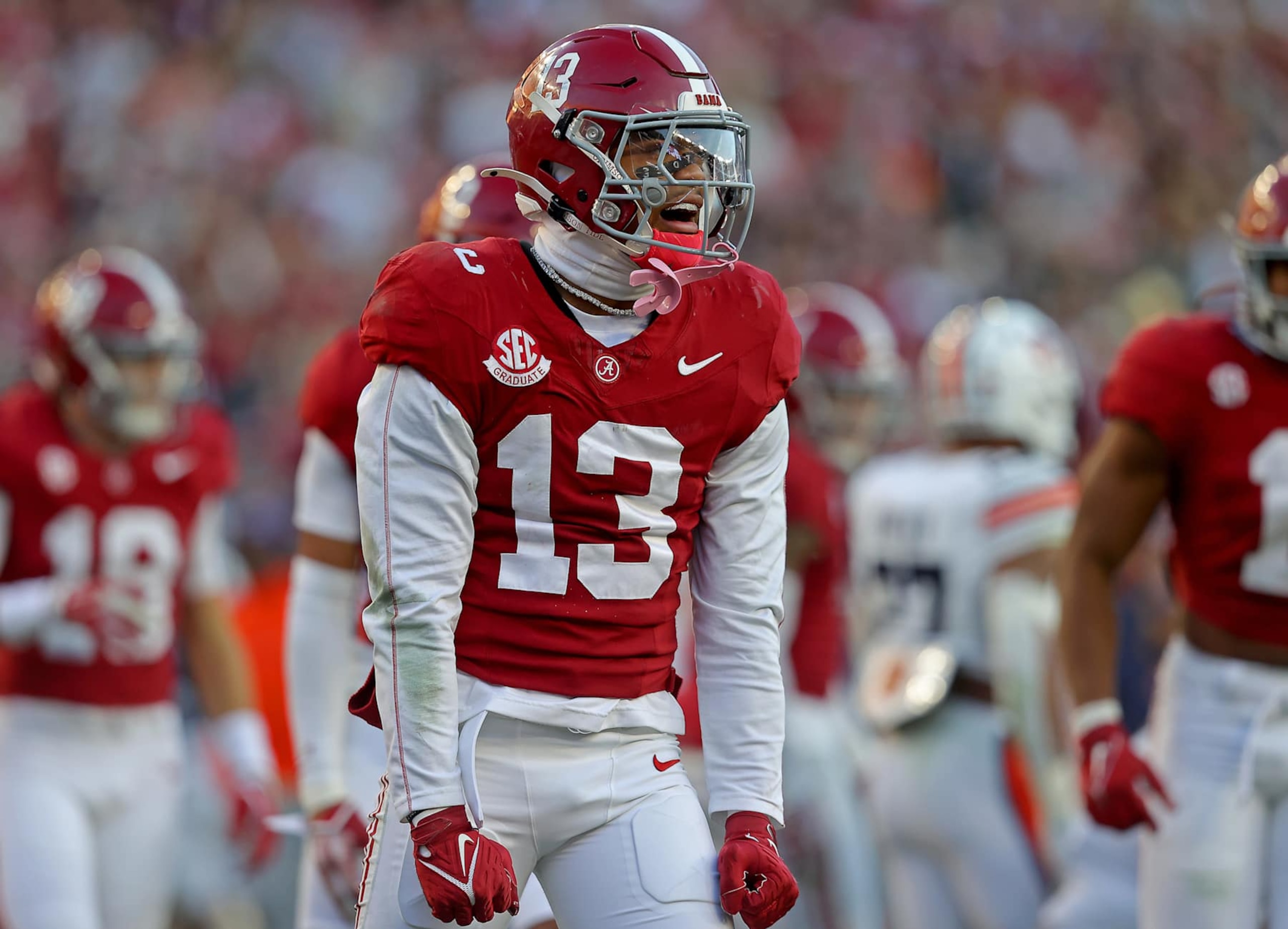 TUSCALOOSA, ALABAMA - NOVEMBER 30: Malachi Moore #13 of the Alabama Crimson Tide celebrates after breaking up a pass during the first half against the Auburn Tigers at Bryant-Denny Stadium on November 30, 2024 in Tuscaloosa, Alabama. (Photo by Jason Clark/Getty Images)