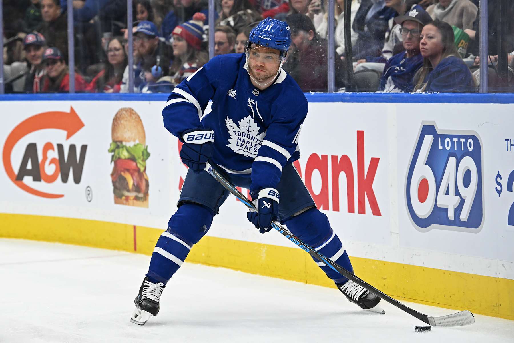 TORONTO, ON - NOVEMBER 09: Toronto Maple Leafs Center Max Domi (11) controls the puck in the first period during the regular season NHL game between the Montreal Canadiens and Toronto Maple Leafs on November 9, 2024 at Scotiabank Arena in Toronto, ON. (Photo by Gerry Angus/Icon Sportswire via Getty Images)