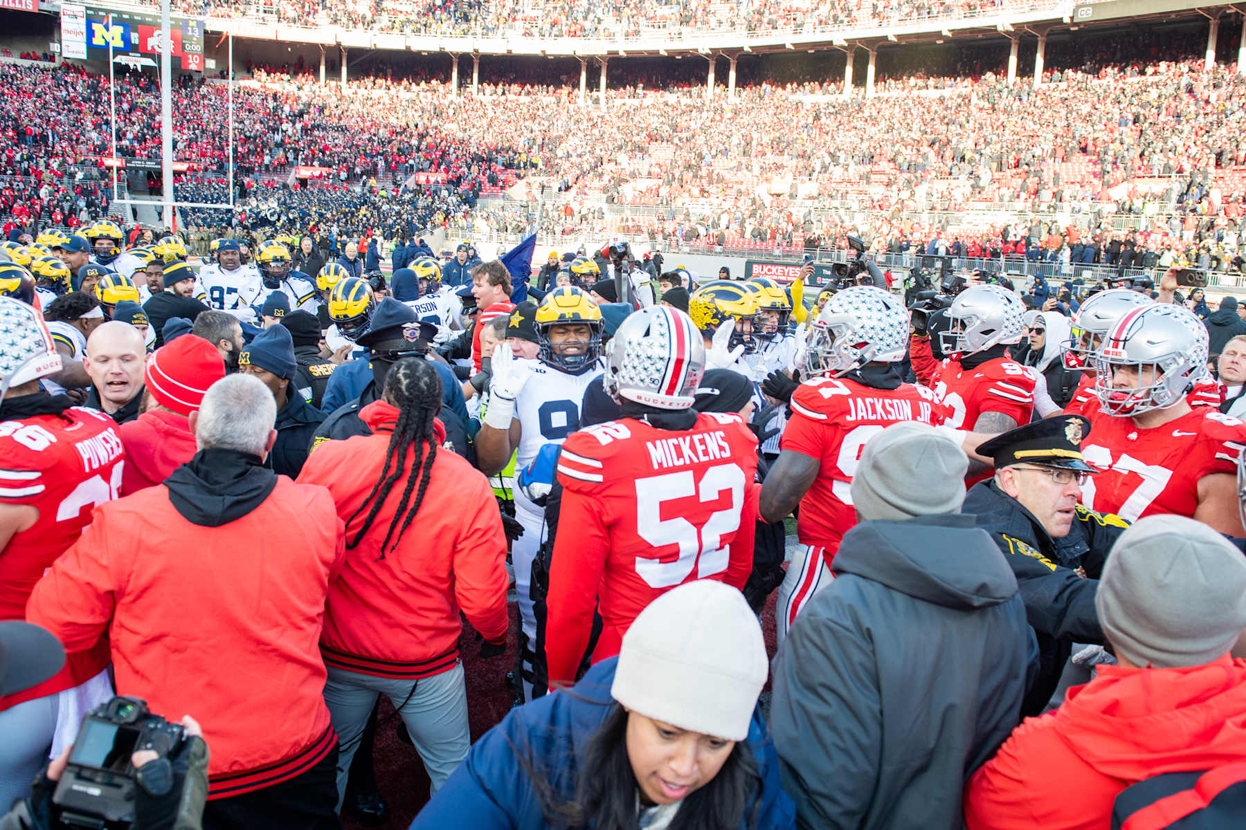 COLUMBUS, OHIO - NOVEMBER 30: A general shot of Ohio State players confronting Michigan Wolverines players after a college football game at Ohio Stadium on November 30, 2024 in Columbus, OH. The Michigan Wolverines won the game 13-10. (Photo by Aaron J. Thornton/Getty Images)