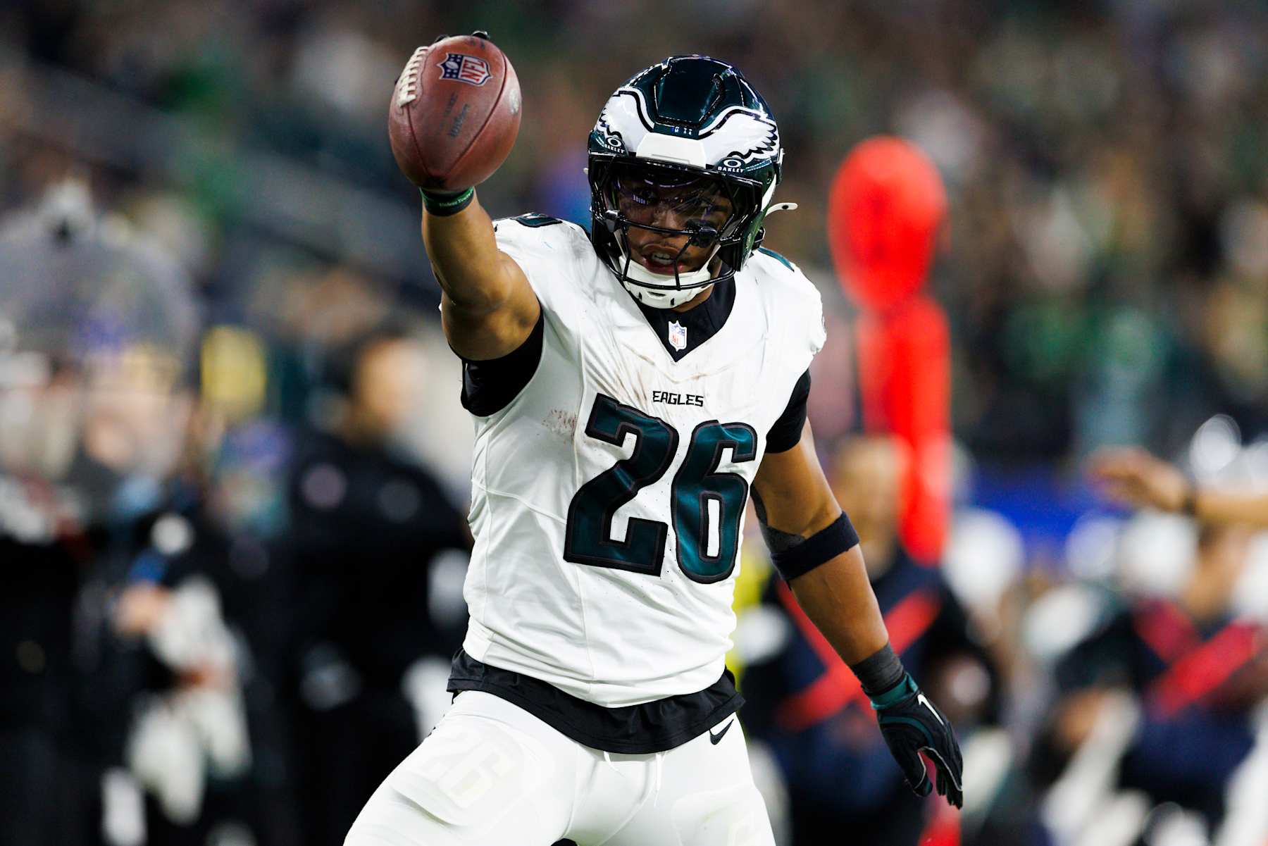 INGLEWOOD, CALIFORNIA - NOVEMBER 24: Saquon Barkley #26 of the Philadelphia Eagles celebrates during the second half against the Los Angeles Rams at SoFi Stadium on November 24, 2024 in Inglewood, California. (Photo by Ric Tapia/Getty Images)