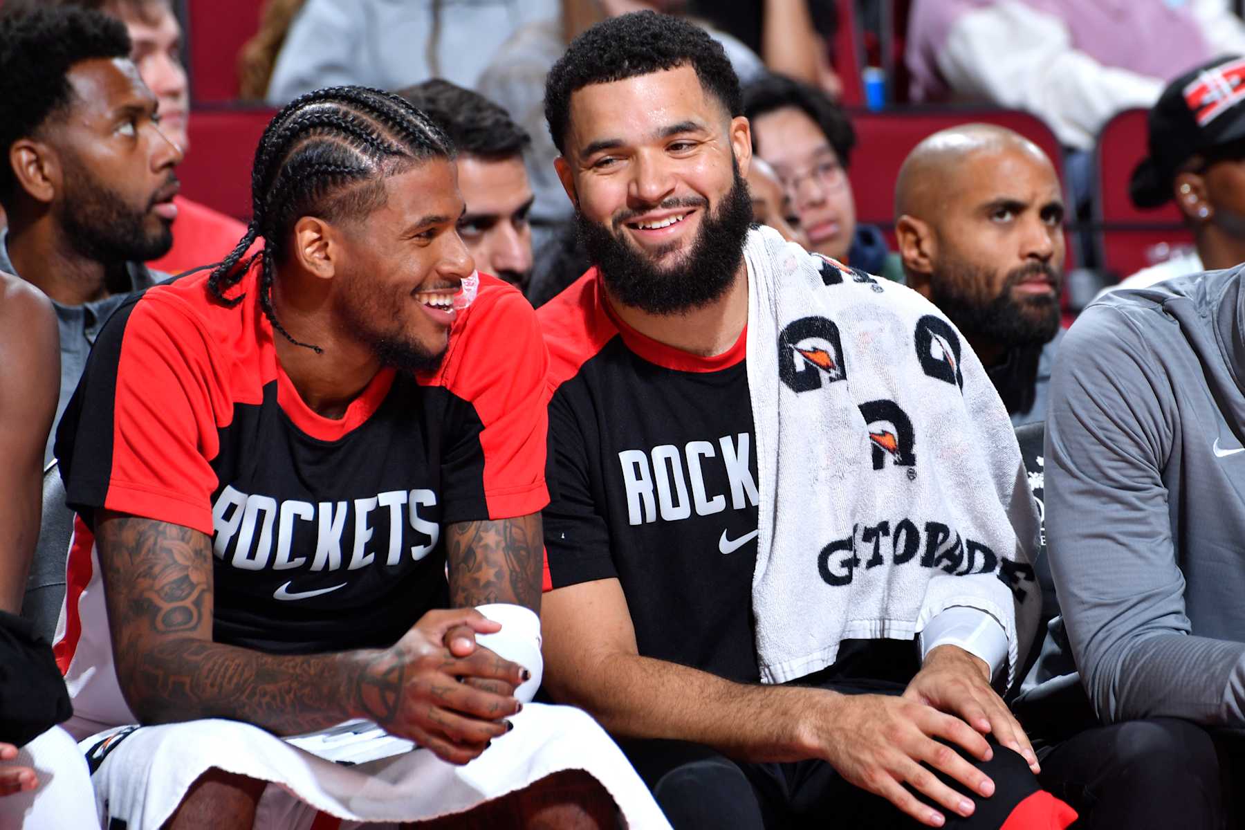 HOUSTON, TX - OCTOBER 17: Fred VanVleet #5 and Jalen Green #4 of the Houston Rockets smile during the game against the San Antonio Spurs on October 17, 2024 at the Toyota Center in Houston, Texas. NOTE TO USER: User expressly acknowledges and agrees that, by downloading and or using this photograph, User is consenting to the terms and conditions of the Getty Images License Agreement. Mandatory Copyright Notice: Copyright 2024 NBAE (Photo by Logan Riely/NBAE via Getty Images)