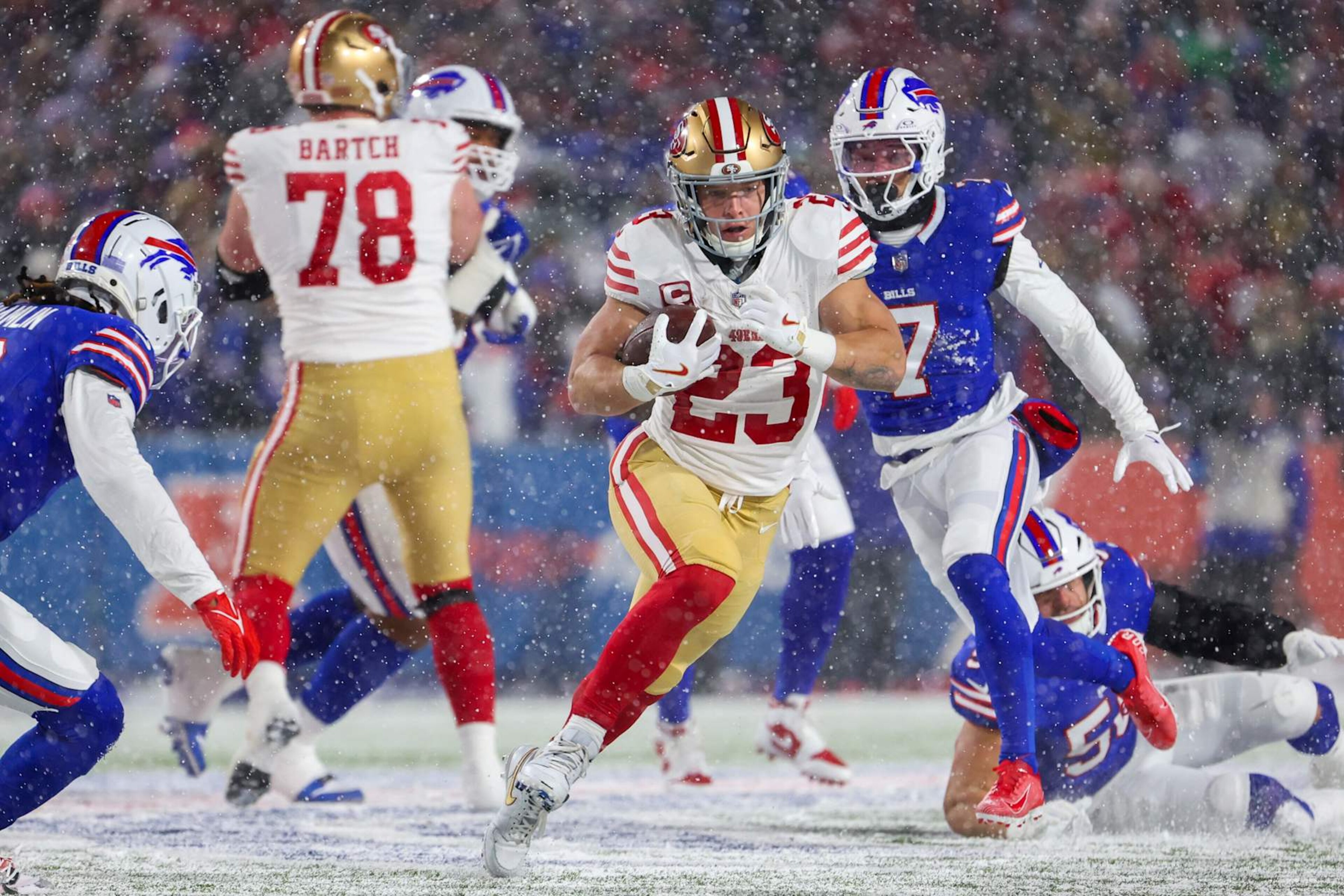 ORCHARD PARK, NEW YORK - DECEMBER 01: Christian McCaffrey #23 of the San Francisco 49ers runs the ball up the field in the first quarter of a game against the Buffalo Bills at Highmark Stadium on December 01, 2024 in Orchard Park, New York. (Photo by Timothy T Ludwig/Getty Images)