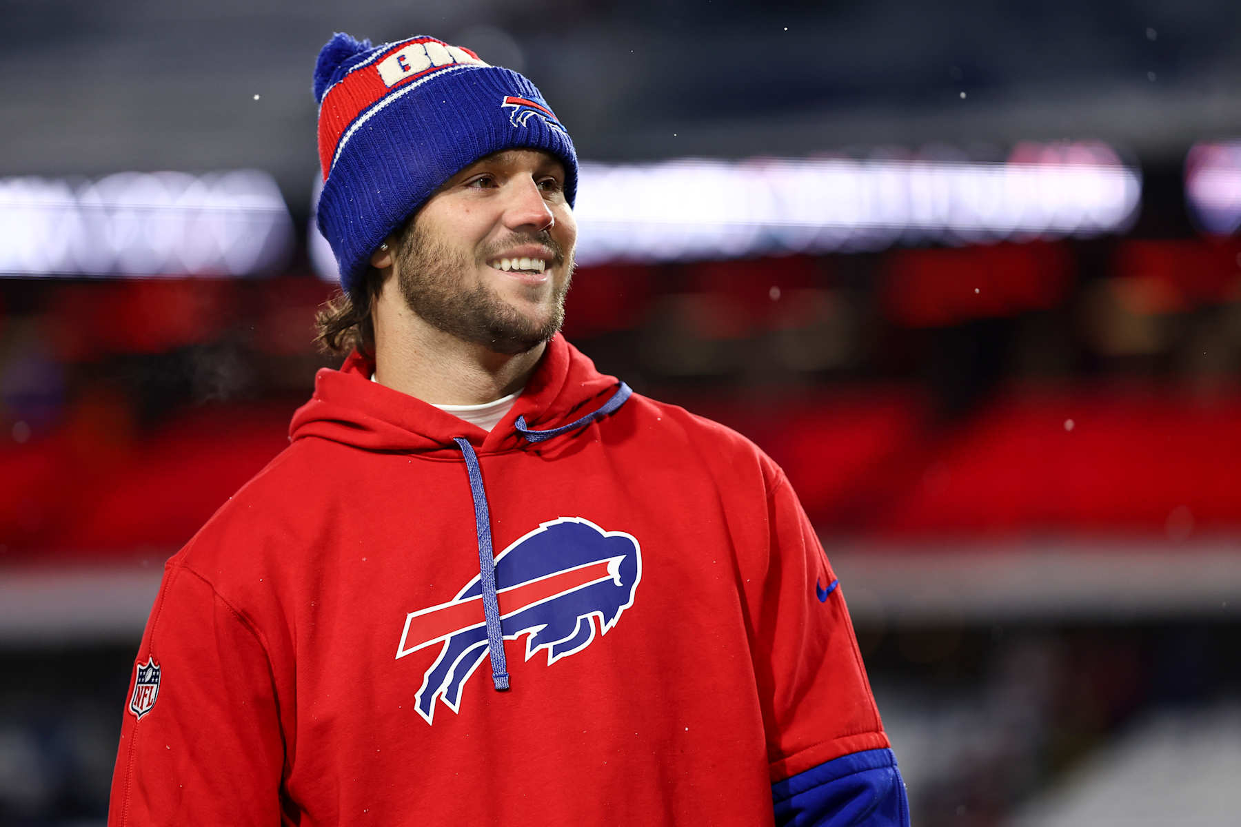 ORCHARD PARK, NEW YORK - DECEMBER 1: Josh Allen #17 of the Buffalo Bills smiles prior to an NFL football game against the San Francisco 49ers at Highmark Stadium on December 1, 2024 in Orchard Park, New York. (Photo by Kevin Sabitus/Getty Images)