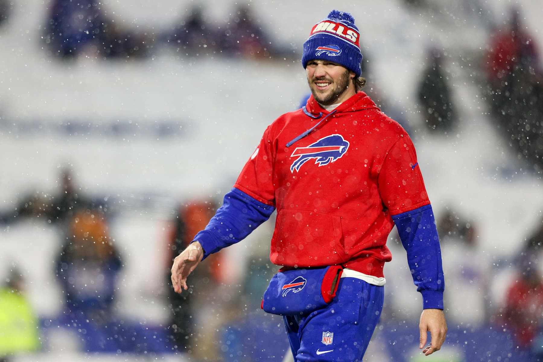 ORCHARD PARK, NEW YORK - DECEMBER 01: Josh Allen #17 of the Buffalo Bills looks on as he walks the field before a game against the San Francisco 49ers at Highmark Stadium on December 01, 2024 in Orchard Park, New York. (Photo by Bryan M. Bennett/Getty Images)