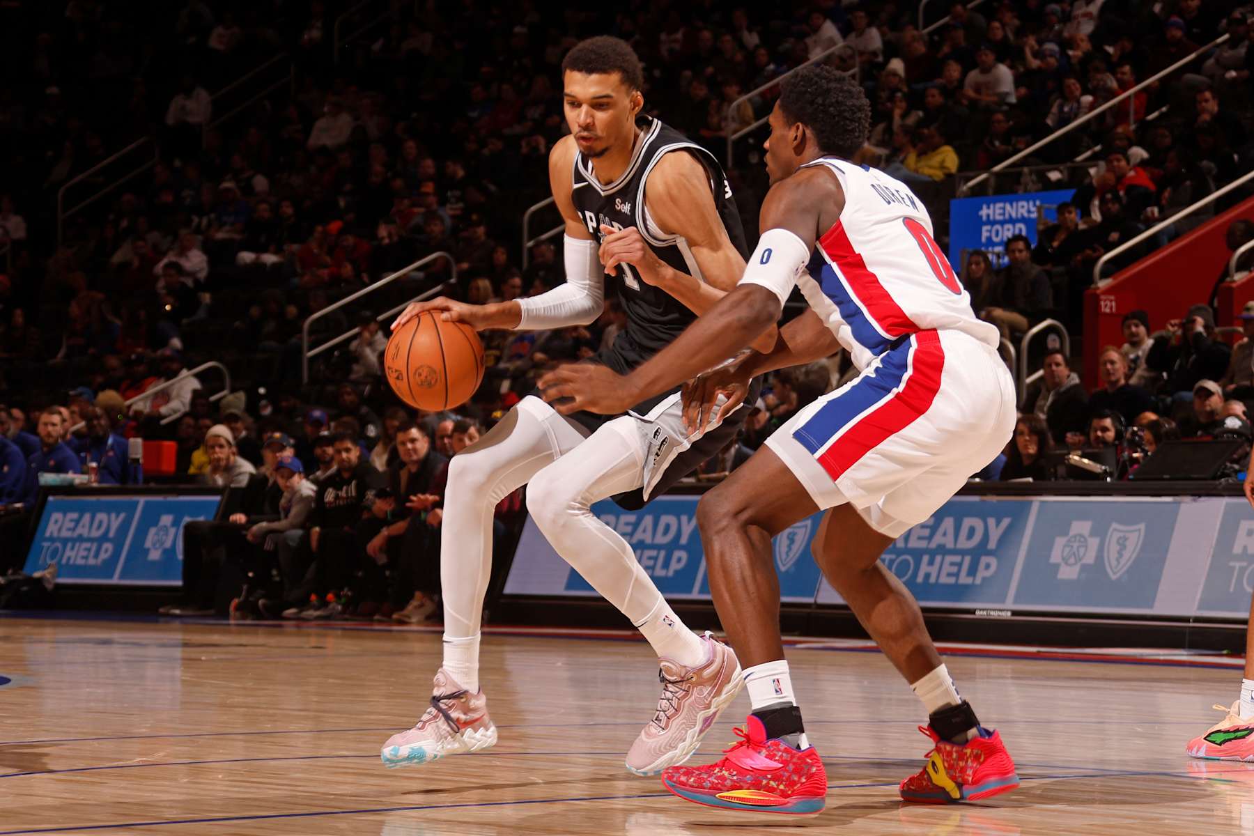 DETROIT, MI - JANUARY 10: Victor Wembanyama #1 of the San Antonio Spurs dribbles the ball during the game against the Detroit Pistons  on January 10, 2024 at Little Caesars Arena in Detroit, Michigan. NOTE TO USER: User expressly acknowledges and agrees that, by downloading and/or using this photograph, User is consenting to the terms and conditions of the Getty Images License Agreement. Mandatory Copyright Notice: Copyright 2024 NBAE (Photo by Brian Sevald/NBAE via Getty Images)