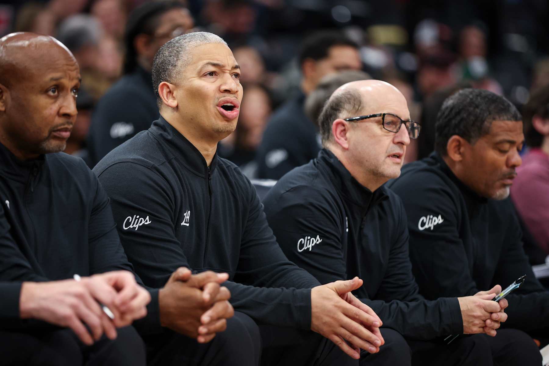 INGLEWOOD, CALIFORNIA - NOVEMBER 17: Head coach Tyronn Lue of the Los Angeles Clippers reacts in the first half against the Utah Jazz at Intuit Dome on November 17, 2024 in Inglewood, California. NOTE TO USER: User expressly acknowledges and agrees that, by downloading and/or using this photograph, user is consenting to the terms and conditions of the Getty Images License Agreement. (Photo by Meg Oliphant/Getty Images)