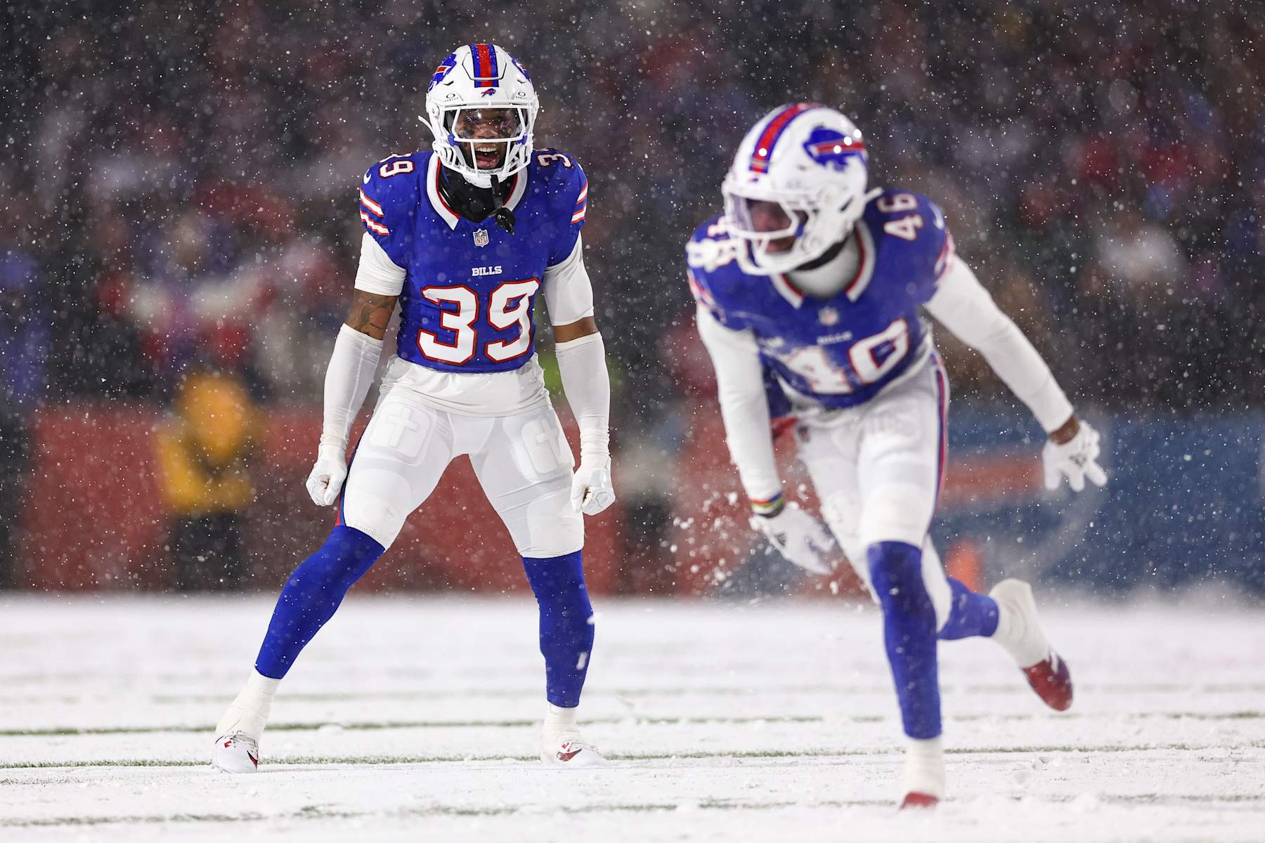 ORCHARD PARK, NEW YORK - DECEMBER 1: Cam Lewis #39 of the Buffalo Bills celebrates after a missed field goal during the first half of an NFL football game against the San Francisco 49ers at Highmark Stadium on December 1, 2024 in Orchard Park, New York. (Photo by Kevin Sabitus/Getty Images)