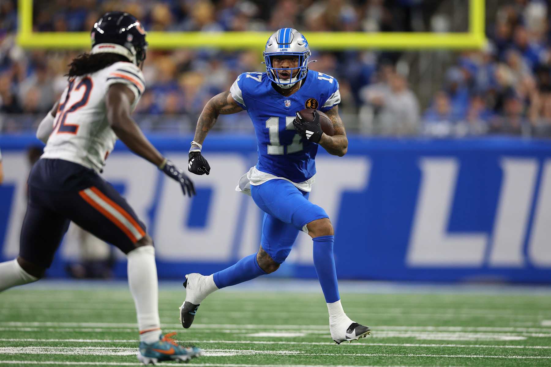 DETROIT, MICHIGAN - NOVEMBER 28: Tim Patrick #17 of the Detroit Lions plays against the Chicago Bears at Ford Field on November 28, 2024 in Detroit, Michigan. (Photo by Gregory Shamus/Getty Images)