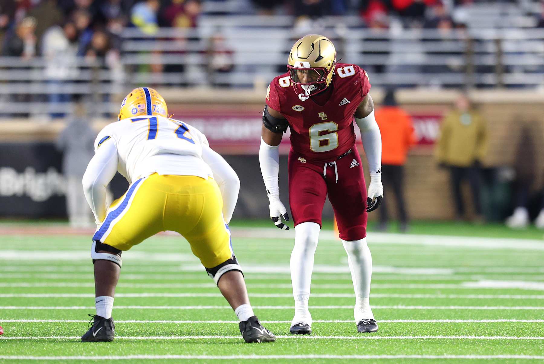 CHESTNUT HILL, MA - NOVEMBER 30: Boston College Eagles defensive end Donovan Ezeiruaku (6) in action during the college football game between Pittsburgh Panthers and Boston College Eagles on November 30, 2024, at Alumni Stadium in Chestnut Hill, MA. (Photo by M. Anthony Nesmith/Icon Sportswire via Getty Images)