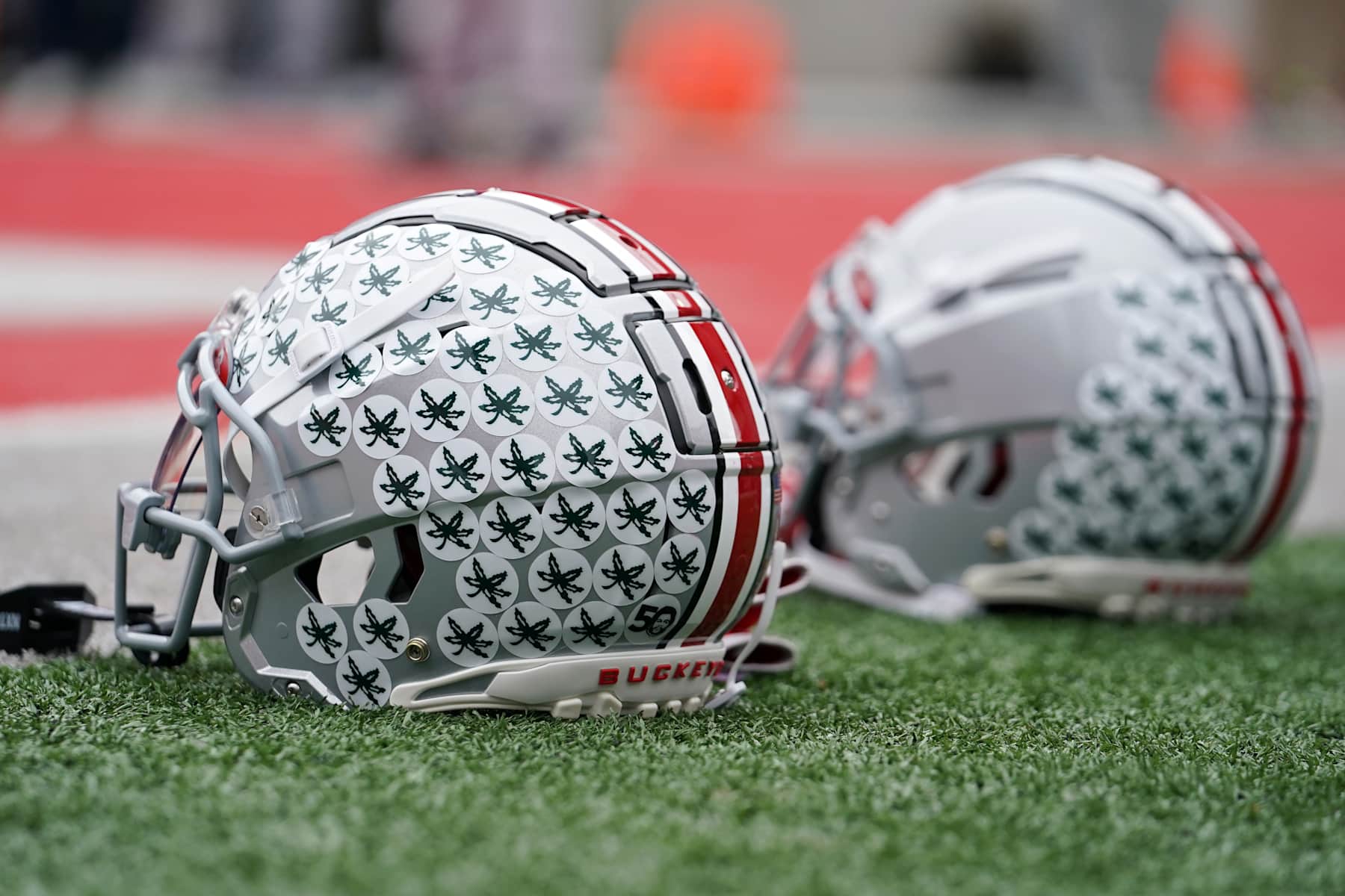 COLUMBUS, OHIO - NOVEMBER 23: A detail view of Ohio State Buckeyes helmets before the game between the Indiana Hoosiers and the Ohio State Buckeyes at Ohio Stadium on November 23, 2024 in Columbus, Ohio. (Photo by Jason Mowry/Getty Images)