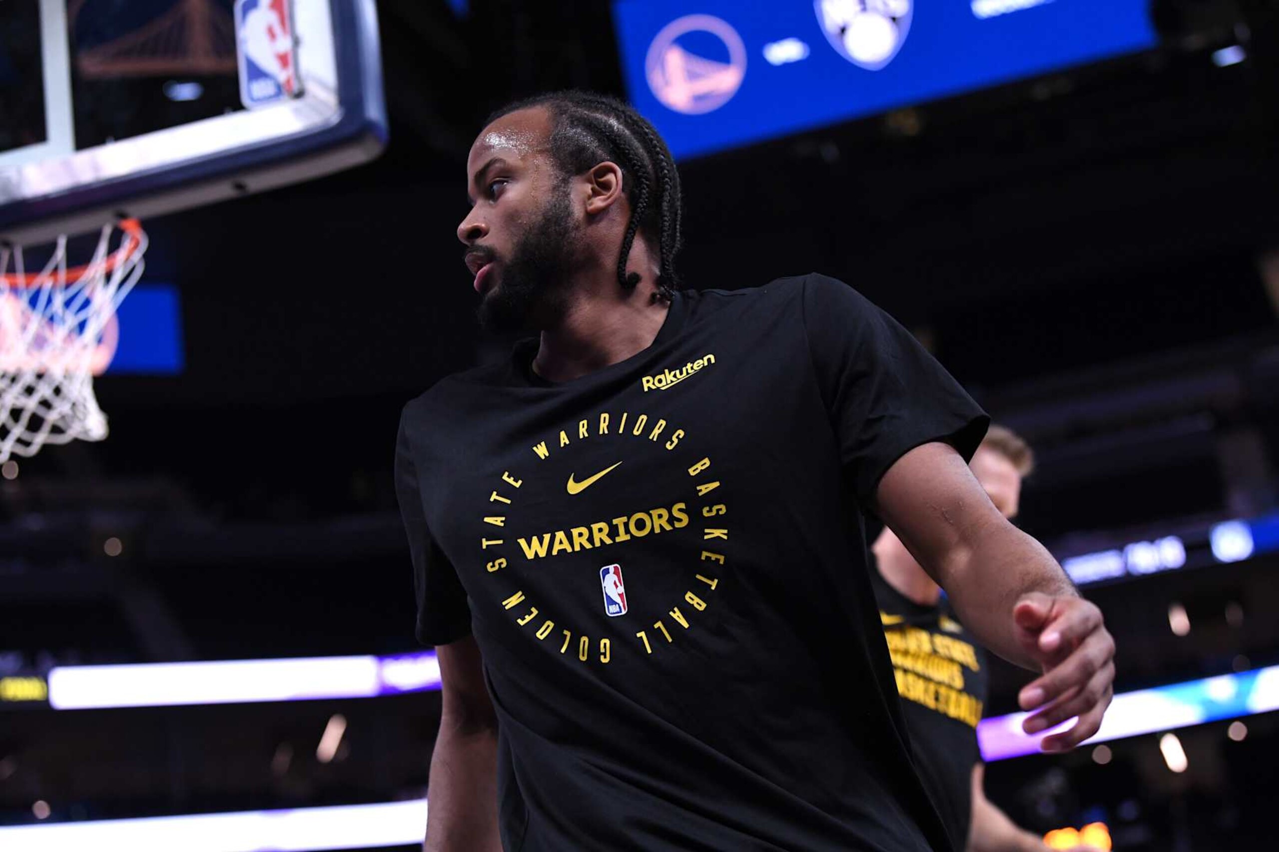 SAN FRANCISCO, CA - NOVEMBER 25: Moses Moody #4 of the Golden State Warriors looks on before the game against the Brooklyn Nets on November 25, 2024 at Chase Center in San Francisco, California. NOTE TO USER: User expressly acknowledges and agrees that, by downloading and or using this photograph, user is consenting to the terms and conditions of Getty Images License Agreement. Mandatory Copyright Notice: Copyright 2024 NBAE (Photo by Noah Graham/NBAE via Getty Images)