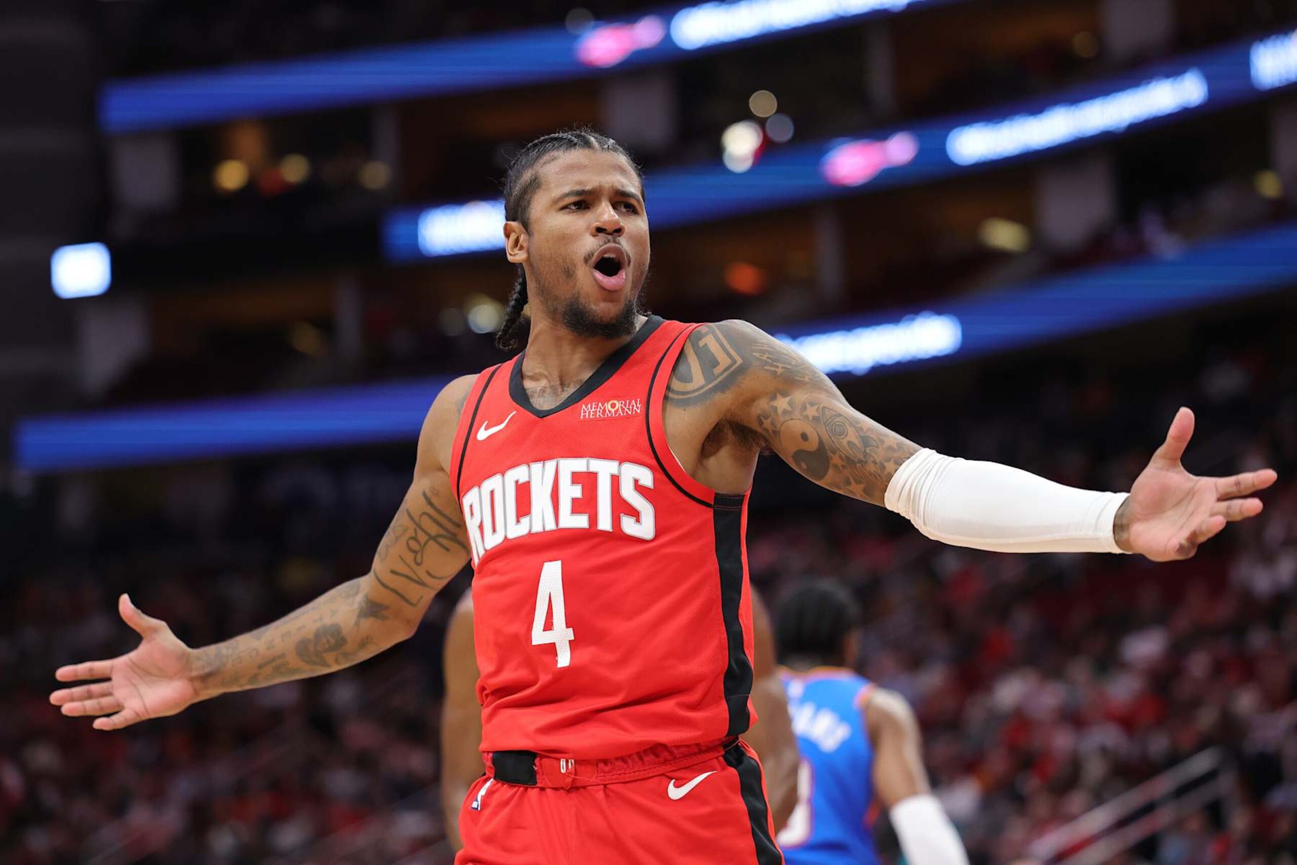 HOUSTON, TEXAS - DECEMBER 01: Jalen Green #4 of the Houston Rockets reacts during action against the Oklahoma City Thunder during the first half at Toyota Center on December 01, 2024 in Houston, Texas. NOTE TO USER: User expressly acknowledges and agrees that, by downloading and or using this photograph, User is consenting to the terms and conditions of the Getty Images License Agreement. (Photo by Alex Slitz/Getty Images)