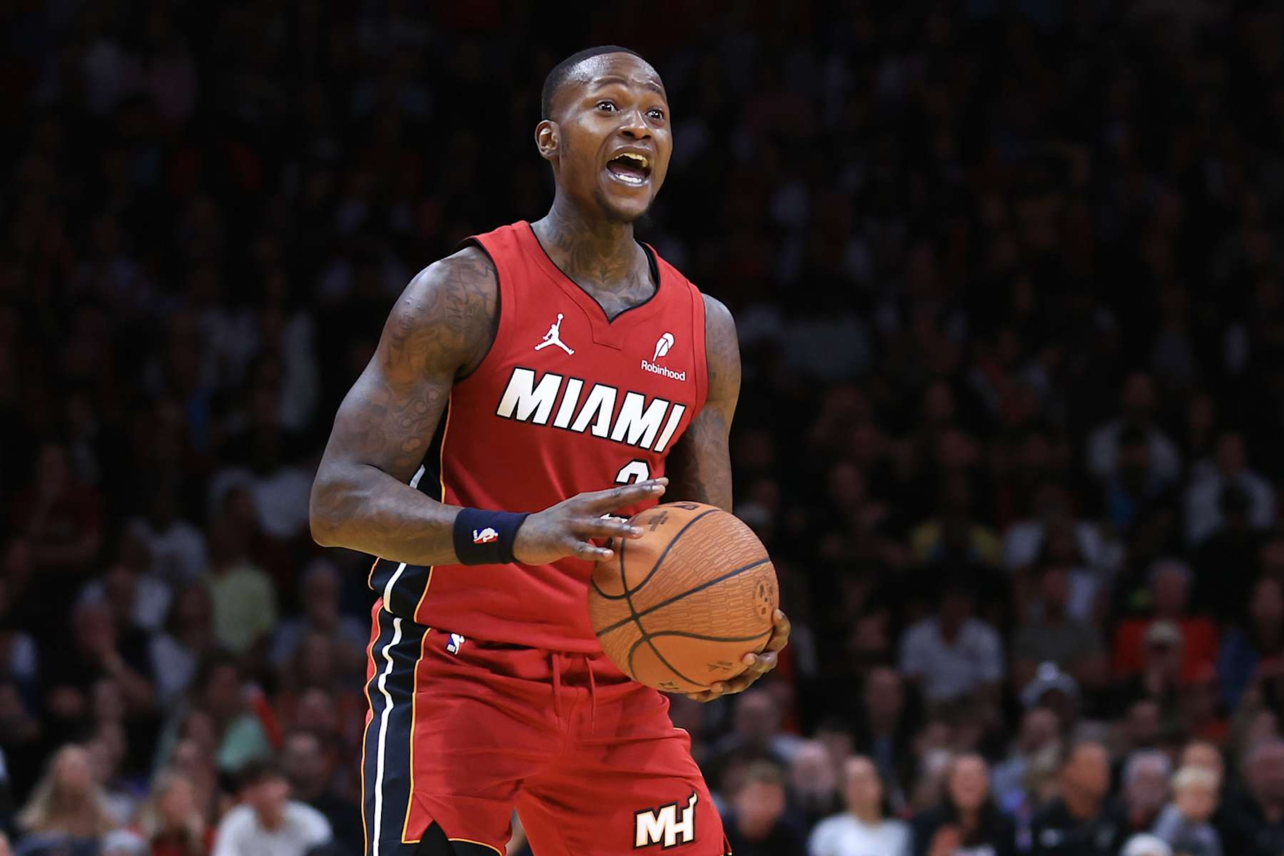 MIAMI, FLORIDA - NOVEMBER 26: Terry Rozier #2 of the Miami Heat reacts against the Milwaukee Bucks during the fourth quarter of the Emirates NBA Cup at Kaseya Center on November 26, 2024 in Miami, Florida. NOTE TO USER: User expressly acknowledges and agrees that, by downloading and or using this photograph, User is consenting to the terms and conditions of the Getty Images License Agreement. (Photo by Megan Briggs/Getty Images)
