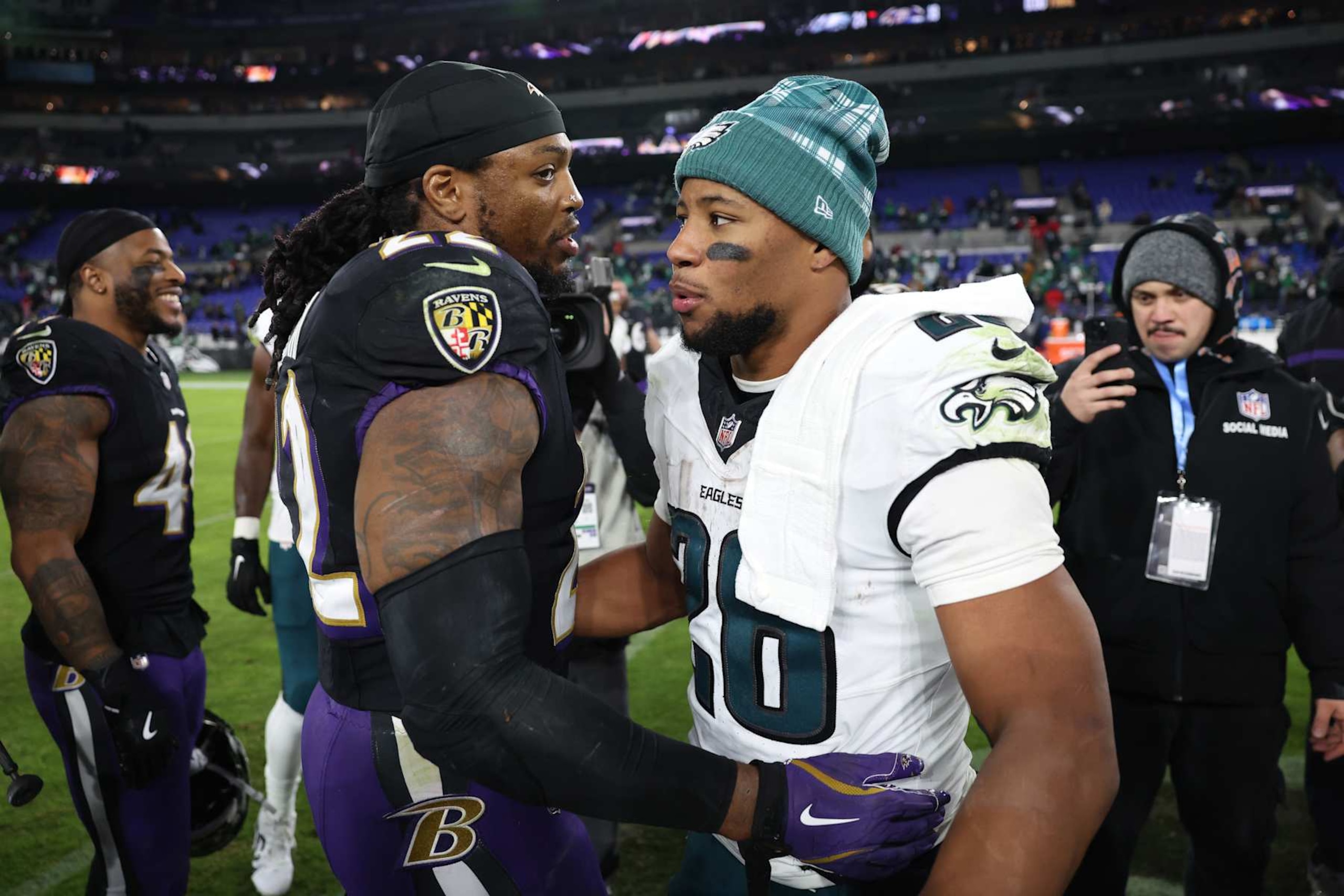 BALTIMORE, MARYLAND - DECEMBER 01: Derrick Henry #22 of the Baltimore Ravens greets Saquon Barkley #26 of the Philadelphia Eagles following the game at M&T Bank Stadium on December 01, 2024 in Baltimore, Maryland. Philadelphia defeated Baltimore 24-19. (Photo by Patrick Smith/Getty Images)