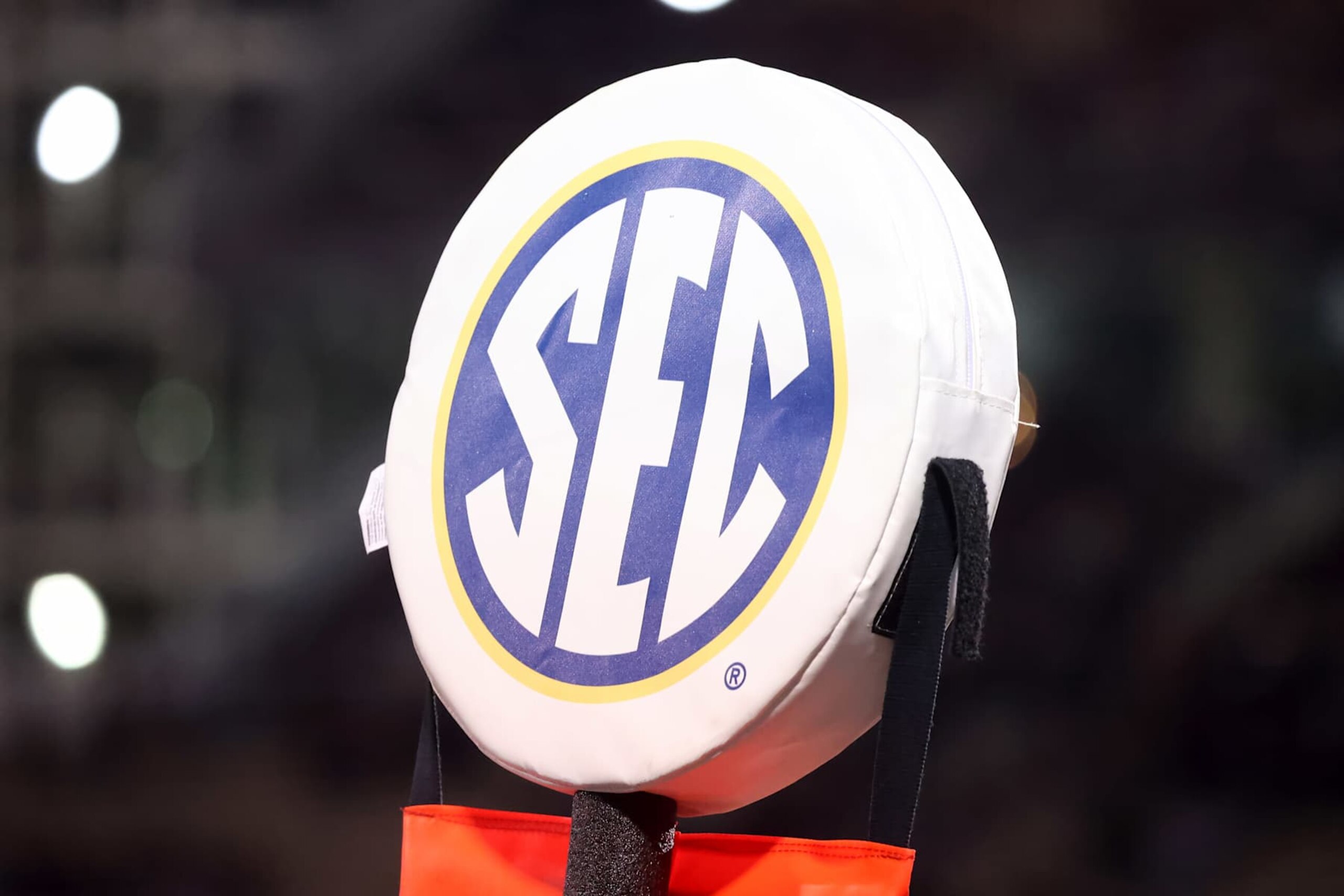 STARKVILLE, MS - NOVEMBER 23: A general view of the SEC logo on a down marker during the game between the Mississippi State Bulldogs and the Missouri Tigers on November 23, 2024 at Davis Wade Stadium in Starkville, Mississippi.  (Photo by Michael Wade/Icon Sportswire via Getty Images)