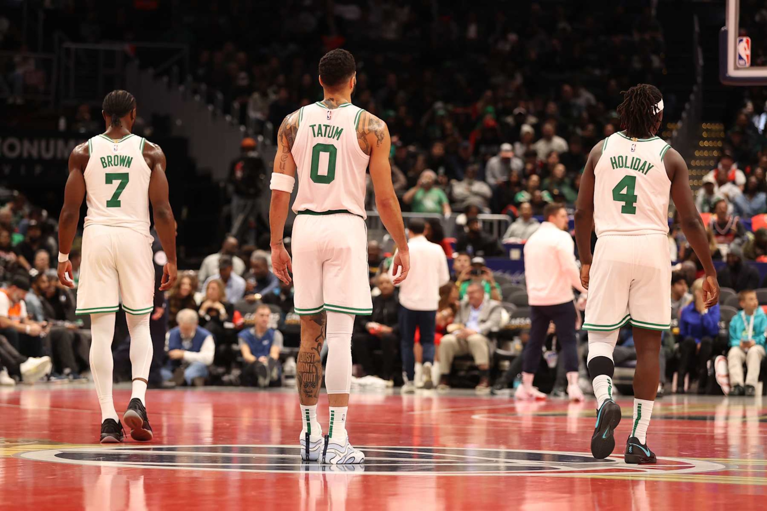 WASHINGTON, DC - NOVEMBER 22: Boston Celtics players looks on during the game against the Washington Wizards during the NBA Emirates Cup game on November 22, 2024 at Capital One Arena in Washington, DC. NOTE TO USER: User expressly acknowledges and agrees that, by downloading and or using this Photograph, user is consenting to the terms and conditions of the Getty Images License Agreement. Mandatory Copyright Notice: Copyright 2024 NBAE (Photo by Kenny Giarla/NBAE via Getty Images) WASHINGTON, DC - NOVEMBER 22: Boston Celtics players looks on during the game against the Washington Wizards during the NBA Emirates Cup game on November 22, 2024 at Capital One Arena in Washington, DC. NOTE TO USER: User expressly acknowledges and agrees that, by downloading and or using this Photograph, user is consenting to the terms and conditions of the Getty Images License Agreement. Mandatory Copyright Notice: Copyright 2024 NBAE (Photo by Kenny Giarla/NBAE via Getty Images)