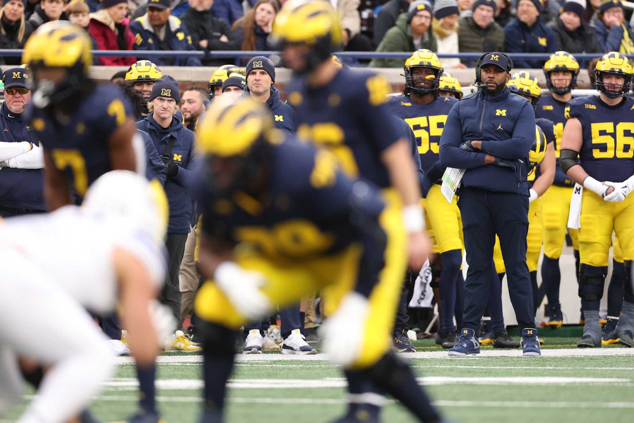 ANN ARBOR, MICHIGAN - NOVEMBER 23: Head coach Sherrone Moore of the Michigan Wolverines looks on during the first half while playing the Northwestern Wildcats at Michigan Stadium on November 23, 2024 in Ann Arbor, Michigan. (Photo by Gregory Shamus/Getty Images)