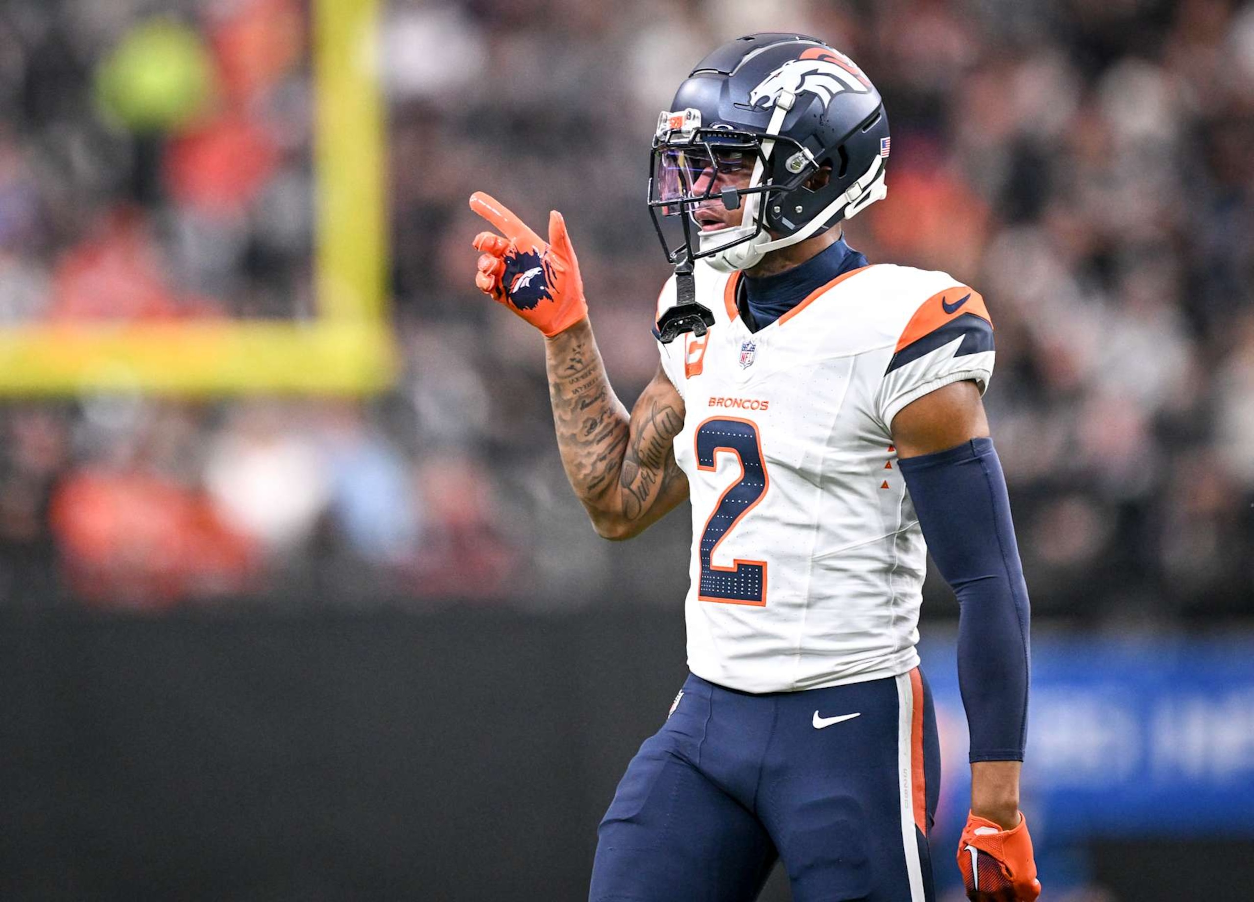 LAS VEGAS, NV - NOVEMBER 24: Cornerback Pat Surtain II (2) of the Denver Broncos reacts to breaking up a pass by quarterback Gardner Minshew (15) of the Las Vegas Raiders and forcing a fourth down during the first quarter at Allegiant Stadium in Las Vegas, Nevada on Sunday, November 24, 2024. (Photo by AAron Ontiveroz/The Denver Post)