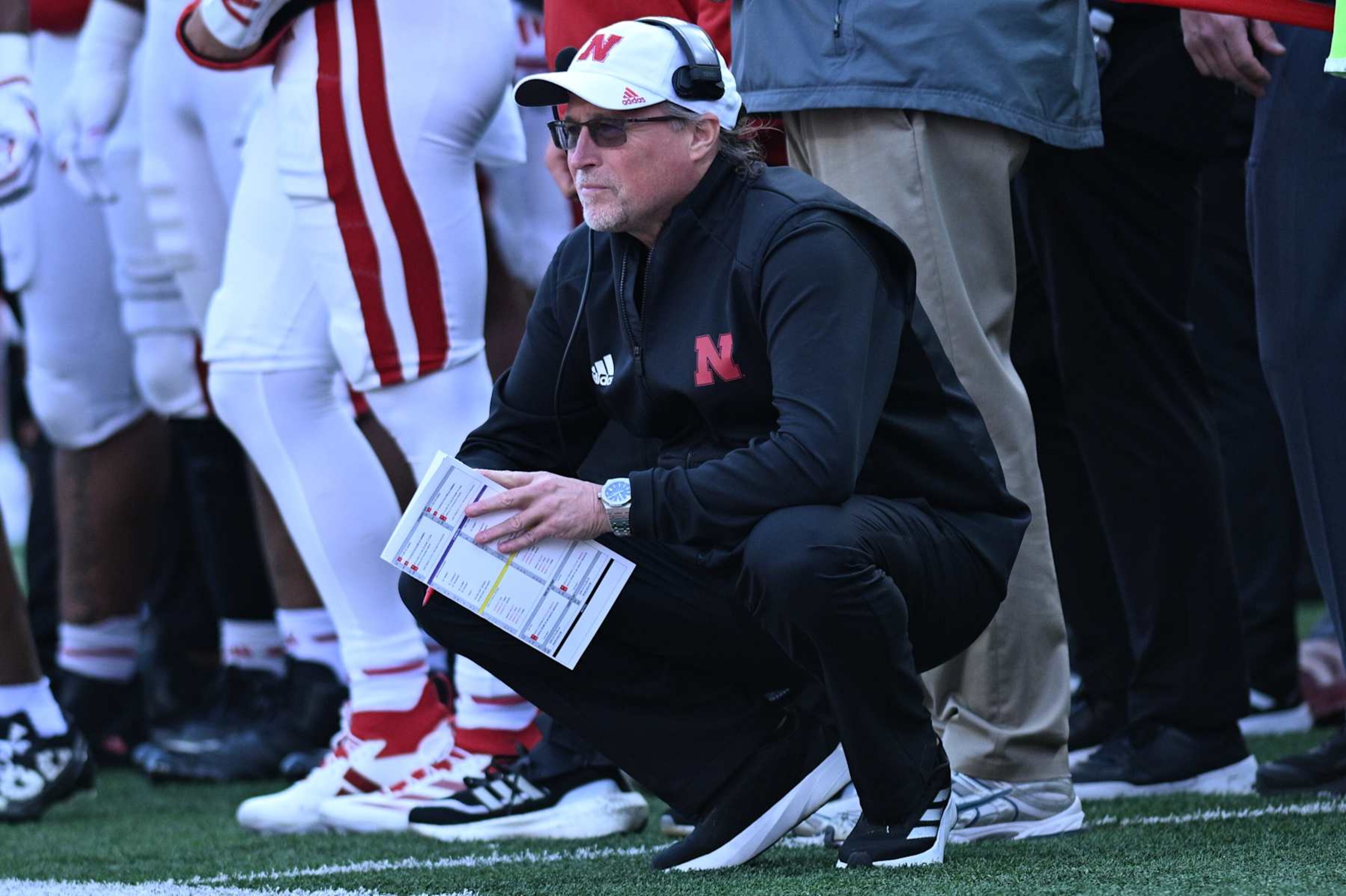 LINCOLN, NEBRASKA - NOVEMBER 23: Offensive coordinator Dana Holgorsen of the Nebraska Cornhuskers watches action against the Wisconsin Badgers at Memorial Stadium on November 23, 2024 in Lincoln, Nebraska. (Photo by Steven Branscombe/Getty Images) LINCOLN, NEBRASKA - NOVEMBER 23: Offensive coordinator Dana Holgorsen of the Nebraska Cornhuskers watches action against the Wisconsin Badgers at Memorial Stadium on November 23, 2024 in Lincoln, Nebraska. (Photo by Steven Branscombe/Getty Images)