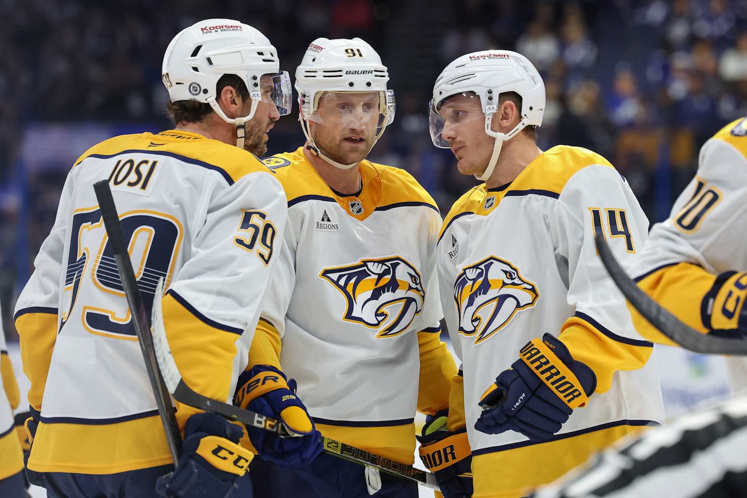 Roman Josi, Steven Stamkos and Gustav Nyquist