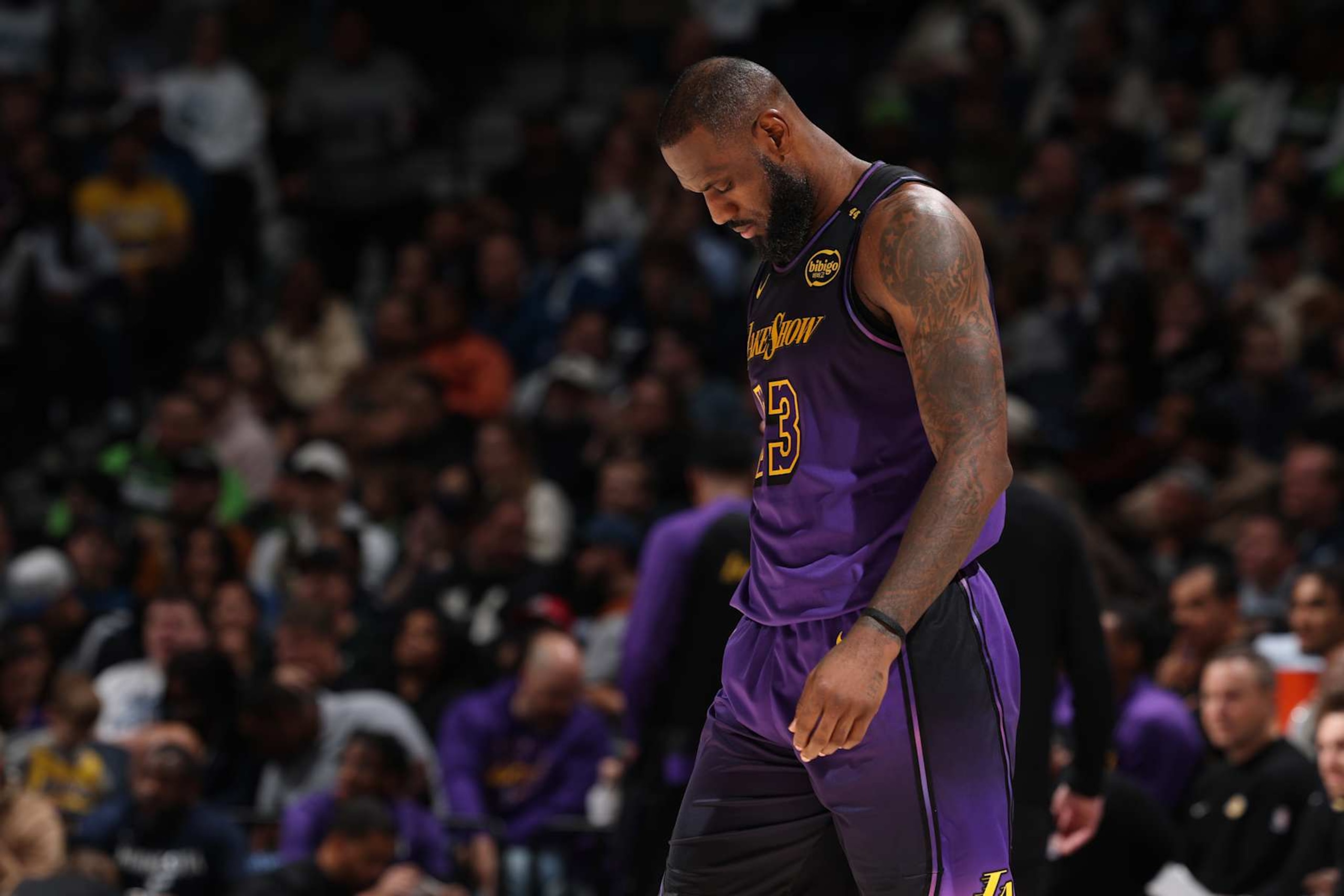 MINNEAPOLIS, MN -  DECEMBER 2: LeBron James #23 of the Los Angeles Lakers looks on during the game against the Minnesota Timberwolves on December 2, 2024 at Target Center in Minneapolis, Minnesota. NOTE TO USER: User expressly acknowledges and agrees that, by downloading and or using this Photograph, user is consenting to the terms and conditions of the Getty Images License Agreement. Mandatory Copyright Notice: Copyright 2024 NBAE (Photo by David Sherman/NBAE via Getty Images)