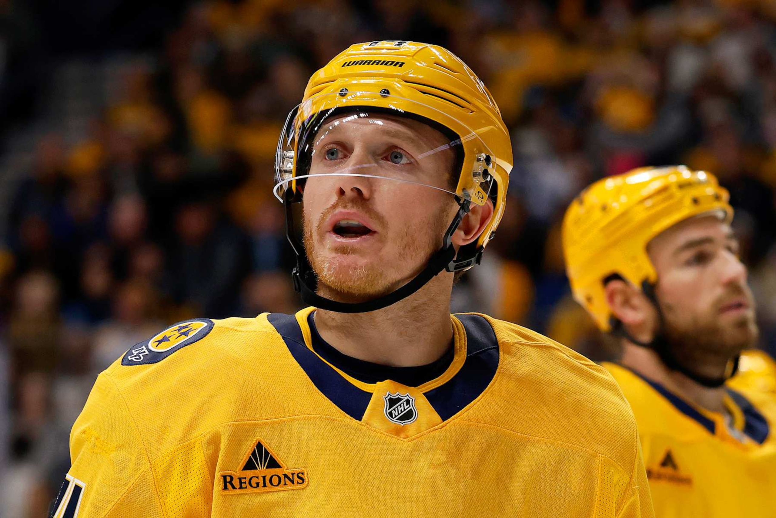 NASHVILLE, TENNESSEE - NOVEMBER 29: Gustav Nyquist #14 of the Nashville Predators looks on during the second period of the game between the Nashville Predators and the Tampa Bay Lighting at Bridgestone Arena on November 29, 2024 in Nashville, Tennessee. (Photo by Johnnie Izquierdo/Getty Images)