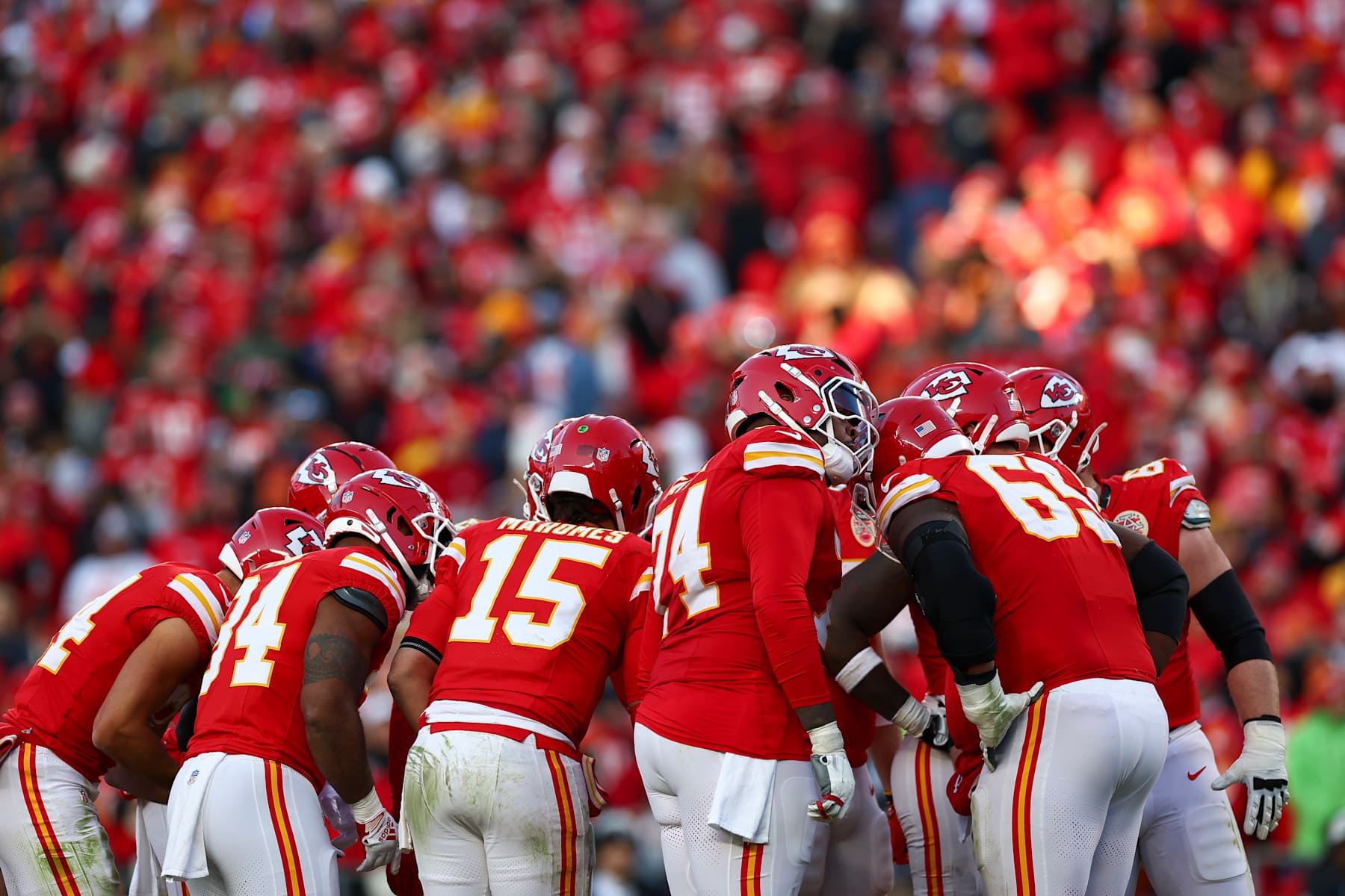 KANSAS CITY, MISSOURI - NOVEMBER 29: Patrick Mahomes #15 of the Kansas City Chiefs leads the offense in a huddle during the second half against the Las Vegas Raiders at GEHA Field at Arrowhead Stadium on November 29, 2024 in Kansas City, Missouri. (Photo by Aaron M. Sprecher/Getty Images)