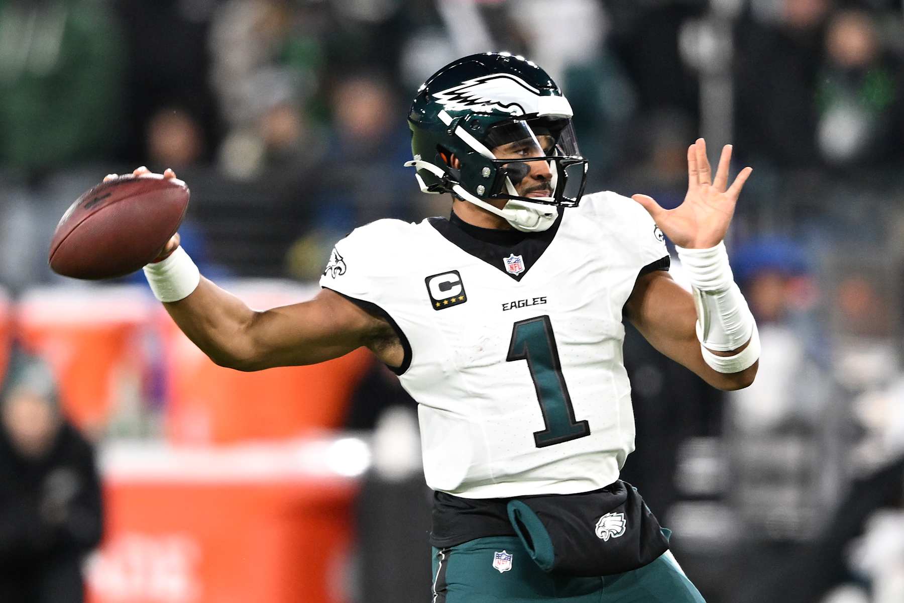 BALTIMORE, MARYLAND - DECEMBER 01: Jalen Hurts #1 of the Philadelphia Eagles throws the ball during the second quarter against the Baltimore Ravens at M&T Bank Stadium on December 01, 2024 in Baltimore, Maryland. (Photo by Greg Fiume/Getty Images)