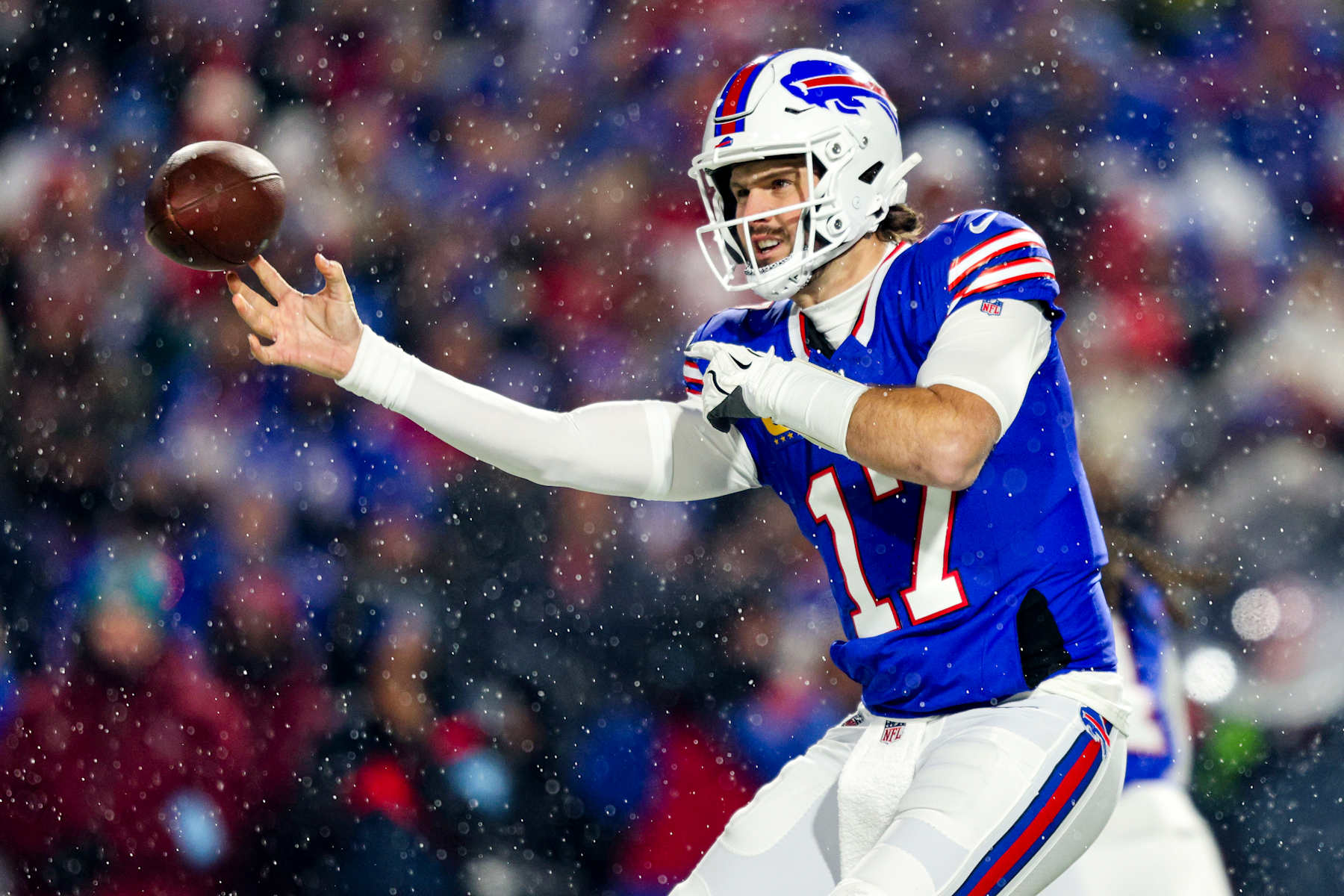 ORCHARD PARK, NEW YORK - DECEMBER 01: Josh Allen #17 of the Buffalo Bills throws a pass in the first quarter of a game against the San Francisco 49ers at Highmark Stadium on December 01, 2024 in Orchard Park, New York. (Photo by Bryan M. Bennett/Getty Images)