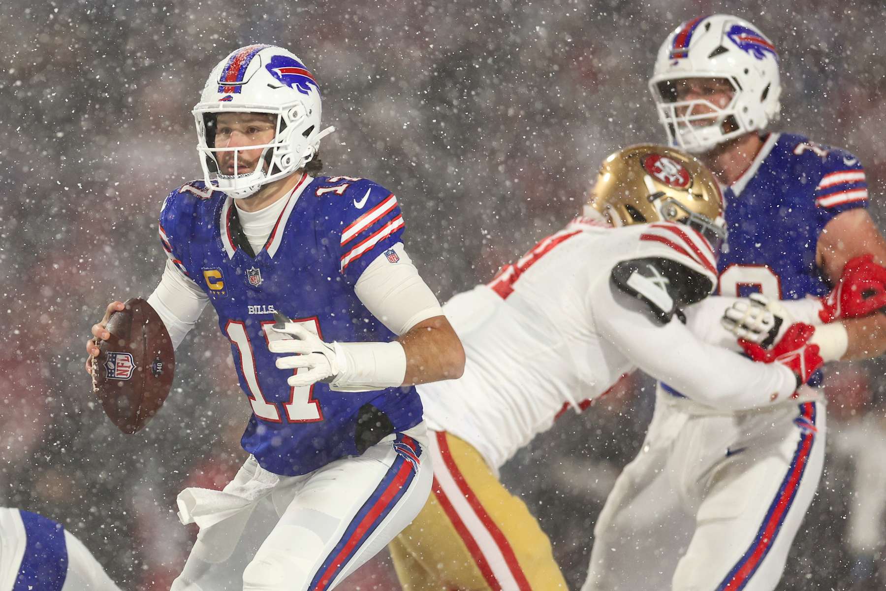 ORCHARD PARK, NEW YORK - DECEMBER 1: Josh Allen #17 of the Buffalo Bills drops back to pass during the second half of an NFL football game against the San Francisco 49ers at Highmark Stadium on December 1, 2024 in Orchard Park, New York. (Photo by Kevin Sabitus/Getty Images)