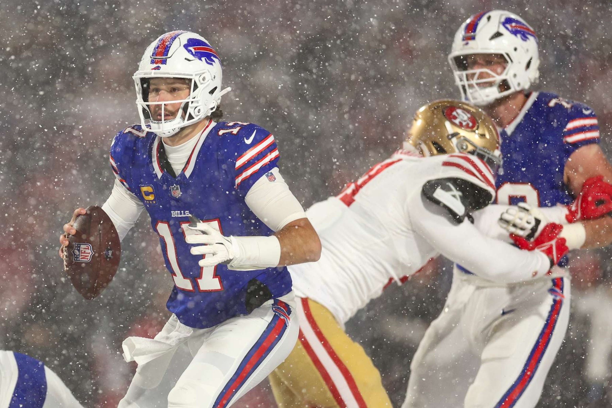 ORCHARD PARK, NEW YORK - DECEMBER 1: Josh Allen #17 of the Buffalo Bills drops back to pass during the second half of an NFL football game against the San Francisco 49ers at Highmark Stadium on December 1, 2024 in Orchard Park, New York. (Photo by Kevin Sabitus/Getty Images)