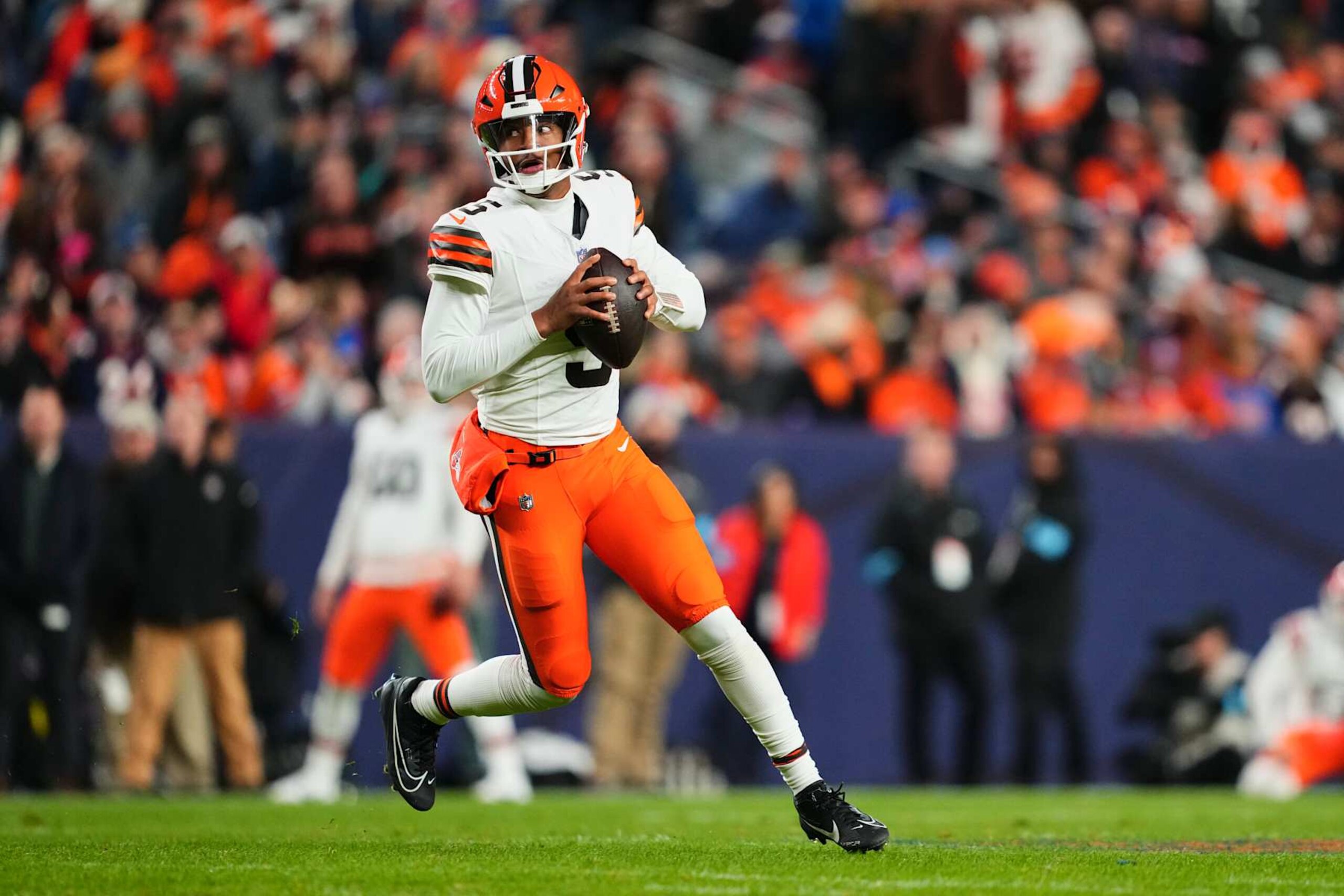 DENVER, CO - DECEMBER 02: Jameis Winston #5 of the Cleveland Browns drops back to pass against the Denver Broncos during an NFL football game at Empower Field at Mile High on December 2, 2024 in Denver, Colorado. (Photo by Cooper Neill/Getty Images)