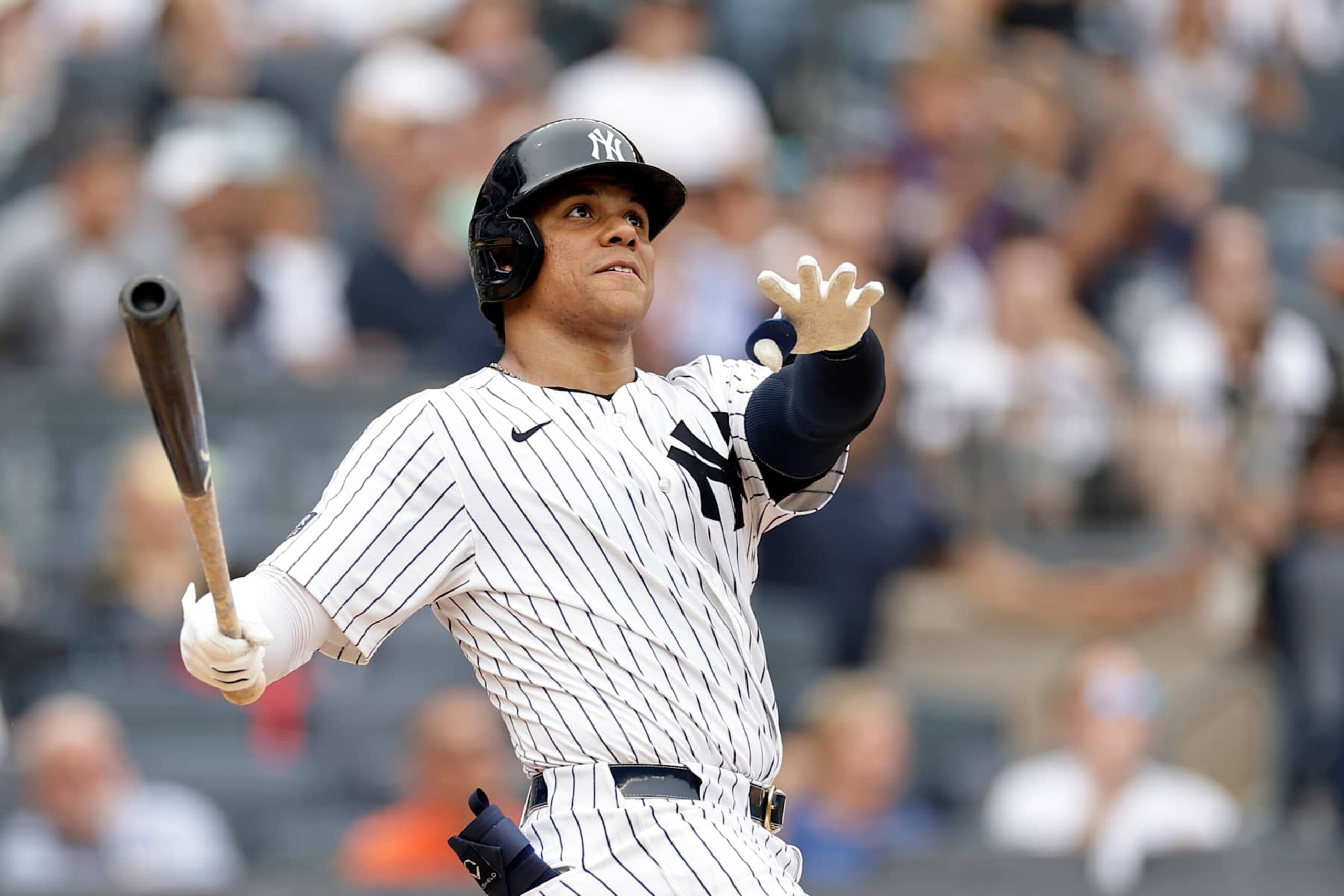 NEW YORK, NY - JULY 22: Juan Soto #22 of the New York Yankees hits a home run during the seventh inning against the Tampa Bay Rays at Yankee Stadium on July 22, 2024 in New York City. (Photo by Adam Hunger/Getty Images) NEW YORK, NY - JULY 22: Juan Soto #22 of the New York Yankees hits a home run during the seventh inning against the Tampa Bay Rays at Yankee Stadium on July 22, 2024 in New York City. (Photo by Adam Hunger/Getty Images)