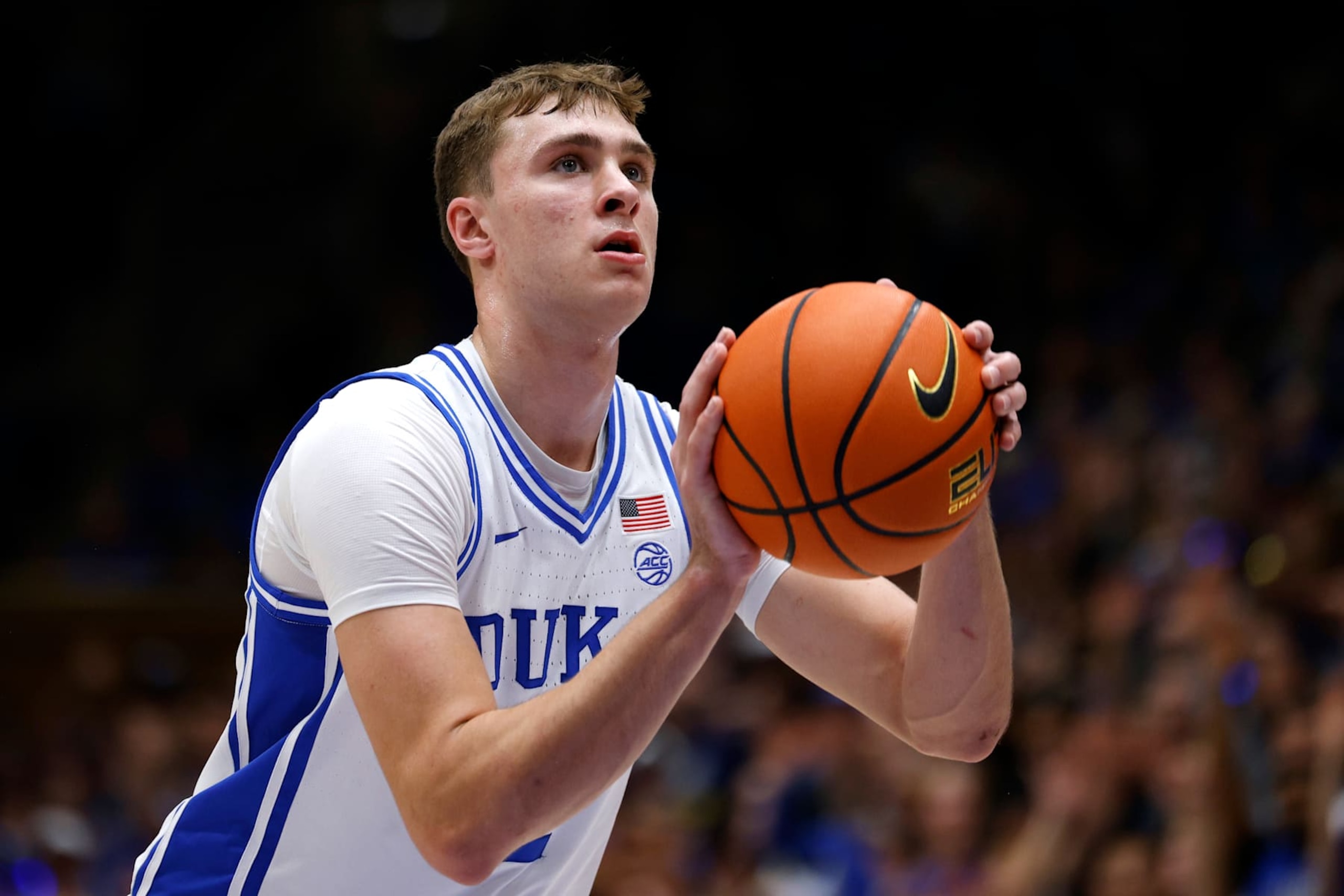 DURHAM, NORTH CAROLINA - NOVEMBER 29: Cooper Flagg #2 of the Duke Blue Devils prepares to shoot a free throw against the Seattle Redhawks during the first half of the game at Cameron Indoor Stadium on November 29, 2024 in Durham, North Carolina. (Photo by Lance King/Getty Images)