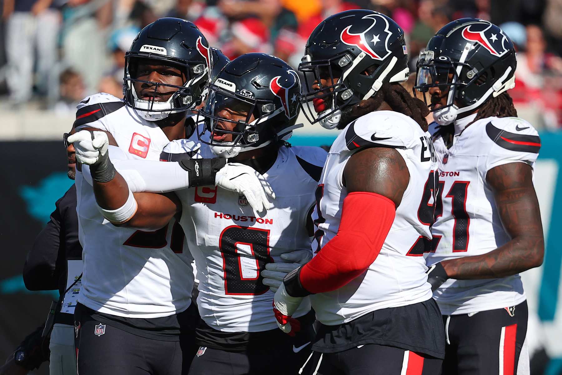 JACKSONVILLE, FLORIDA - DECEMBER 01: Azeez Al-Shaair #0 of the Houston Texans reacts during the second quarter of a game against the Jacksonville Jaguars at EverBank Stadium on December 01, 2024 in Jacksonville, Florida. (Photo by Mike Carlson/Getty Images)