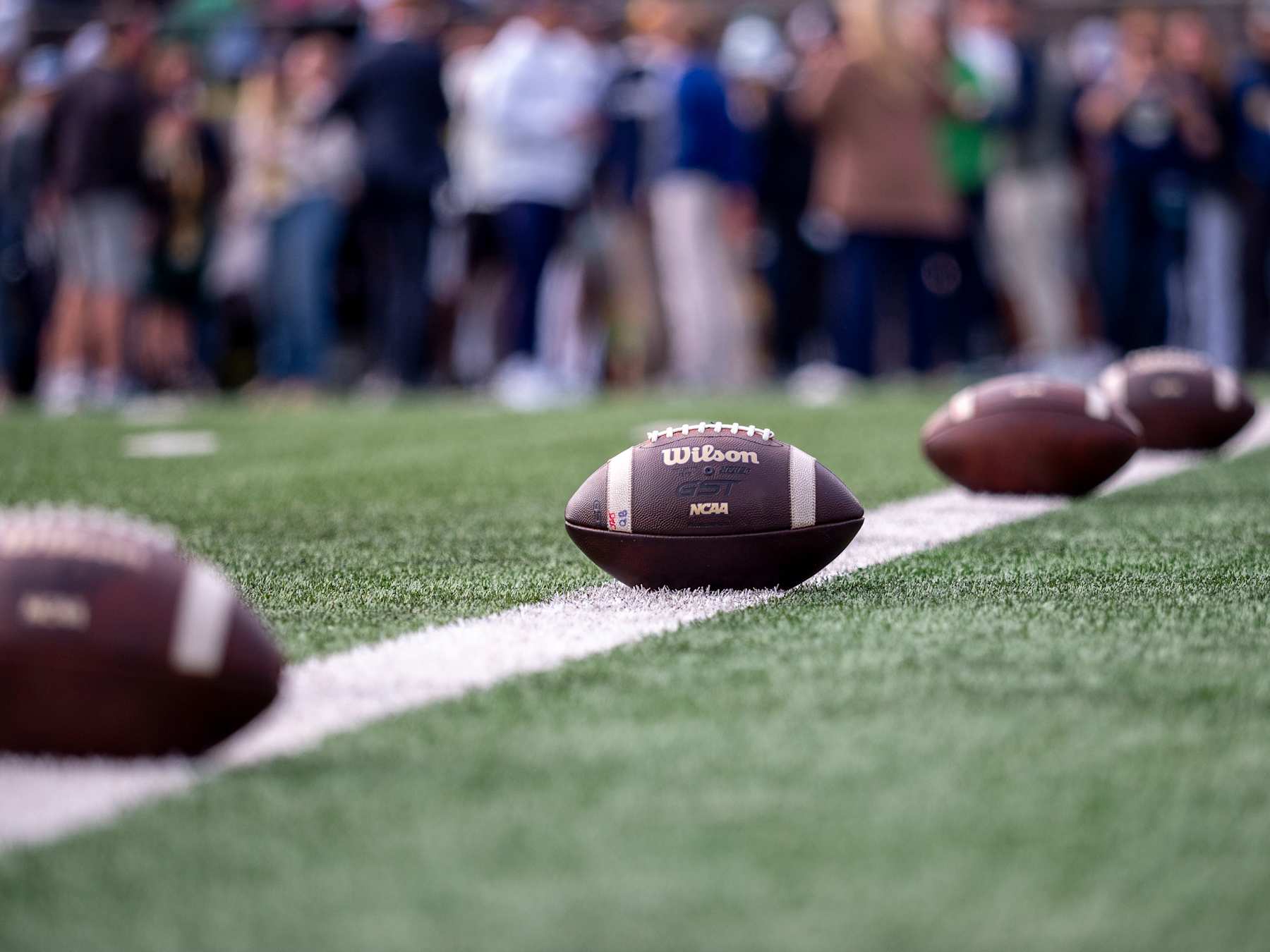 SOUTH BEND, IN - OCTOBER 12: A Wilson GST NCAA footballs are pictured before the game between the Notre Dame Fighting Irish and the Stanford Cardinal at Notre Dame Stadium in South Bend, IN on October 12, 2024. (Photo by Joseph Weiser/Icon Sportswire via Getty Images)