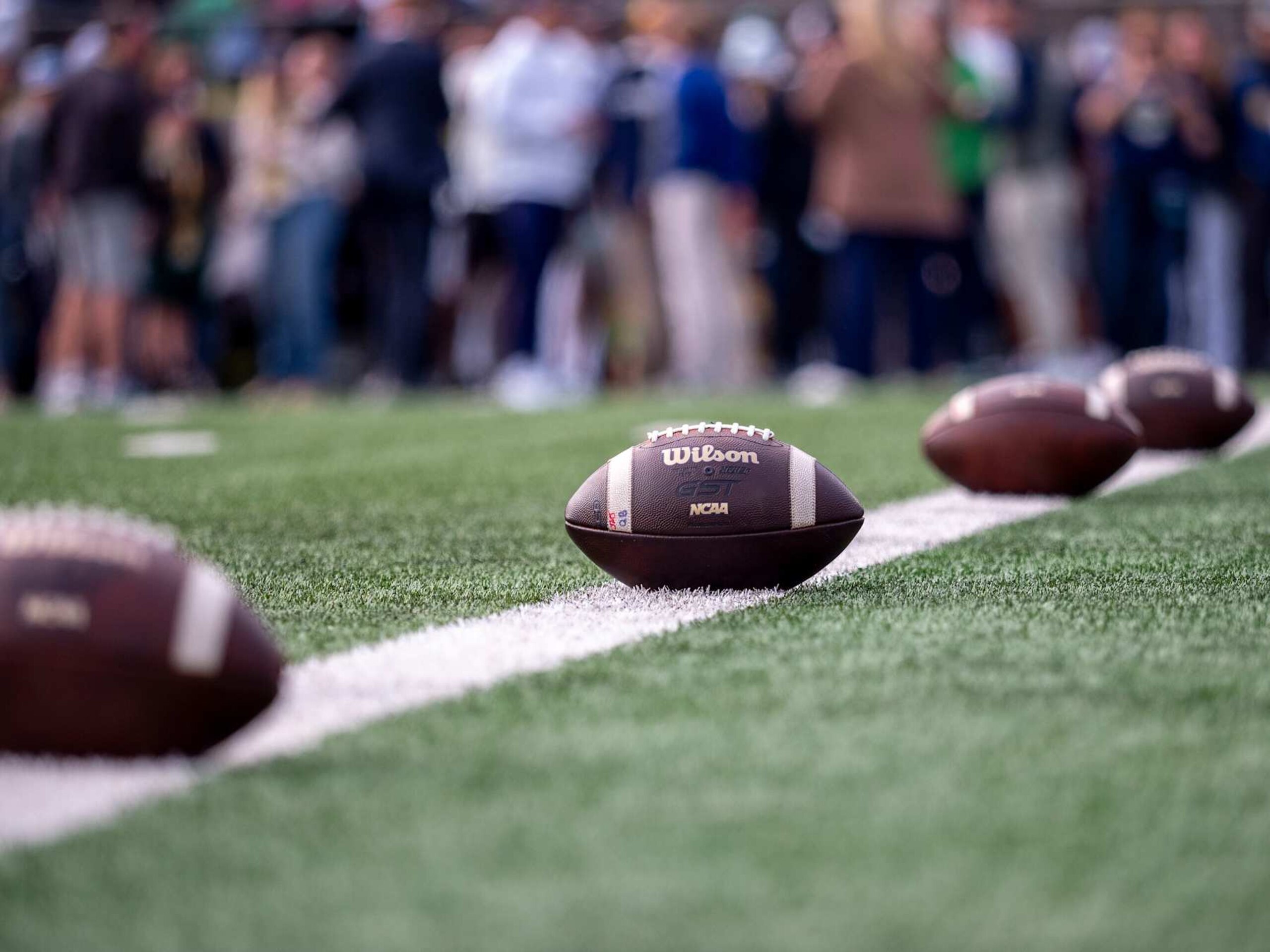 SOUTH BEND, IN - OCTOBER 12: A Wilson GST NCAA footballs are pictured before the game between the Notre Dame Fighting Irish and the Stanford Cardinal at Notre Dame Stadium in South Bend, IN on October 12, 2024. (Photo by Joseph Weiser/Icon Sportswire via Getty Images)