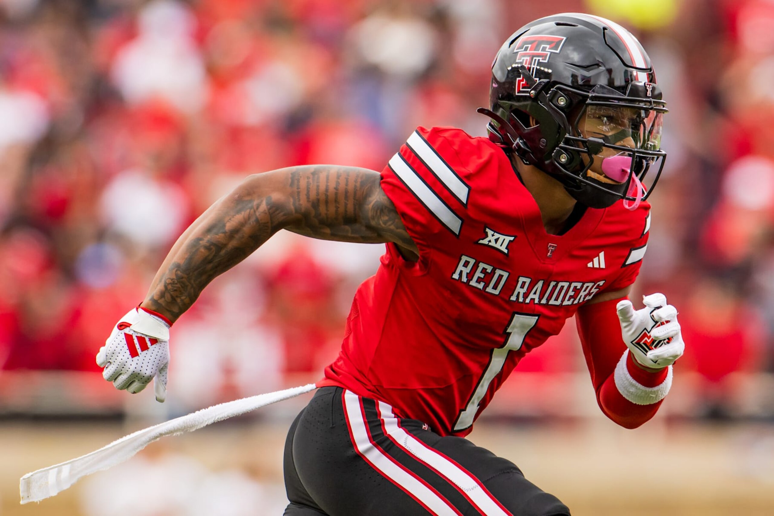 LUBBOCK, TEXAS - OCTOBER 19: Micah Hudson #1 of the Texas Tech Red Raiders runs a route during the first half of the game against the Baylor Bears at Jones AT&T Stadium on October 19, 2024 in Lubbock, Texas.  (Photo by John E. Moore III/Getty Images)