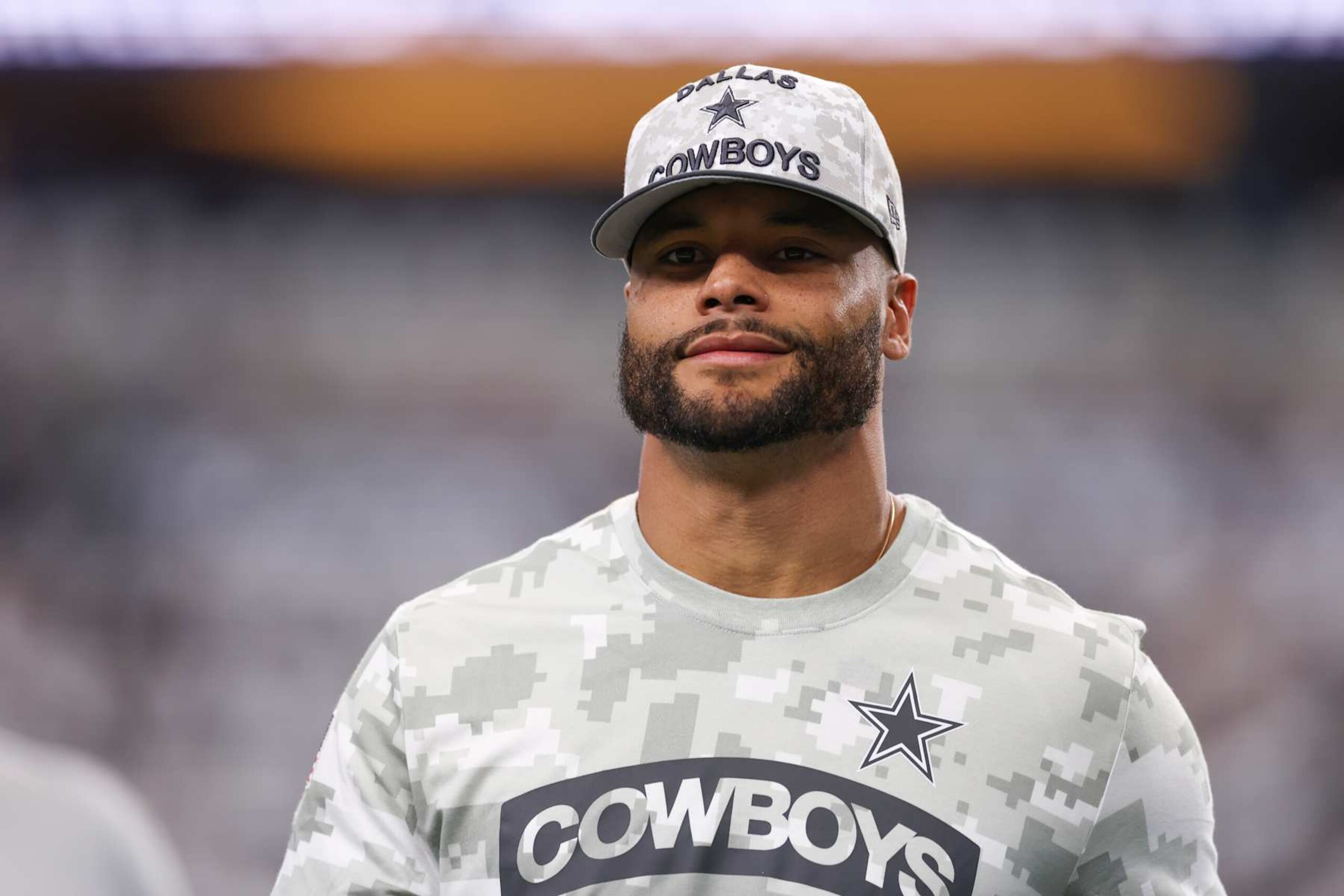 ARLINGTON, TEXAS - NOVEMBER 10: Dak Prescott #4 of the Dallas Cowboys walks the field prior to the game against the Philadelphia Eagles at AT&T Stadium on November 10, 2024 in Arlington, Texas. (Photo by Sam Hodde/Getty Images)