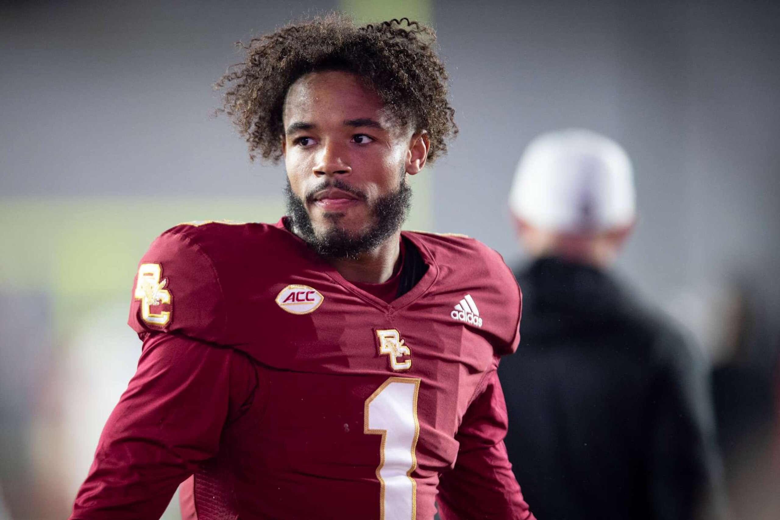 CHESTNUT HILL, MASSACHUSETTS - OCTOBER 25: Thomas Castellanos #1 of the Boston College Eagles looks on before a game against the Louisville Cardinals at Alumni Stadium on October 25, 2024 in Chestnut Hill, Massachusetts. (Photo by Maddie Malhotra/Getty Images)