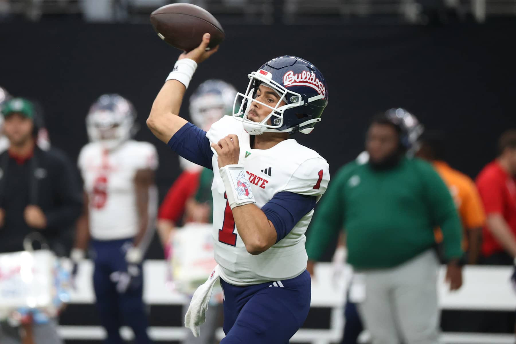 LAS VEGAS, NEVADA - SEPTEMBER 28: Mikey Keene #1 of the Fresno State Bulldogs attempts a pass during the first quarter of a game against the UNLV Rebels at Allegiant Stadium on September 28, 2024 in Las Vegas, Nevada.  (Photo by Ian Maule/Getty Images)