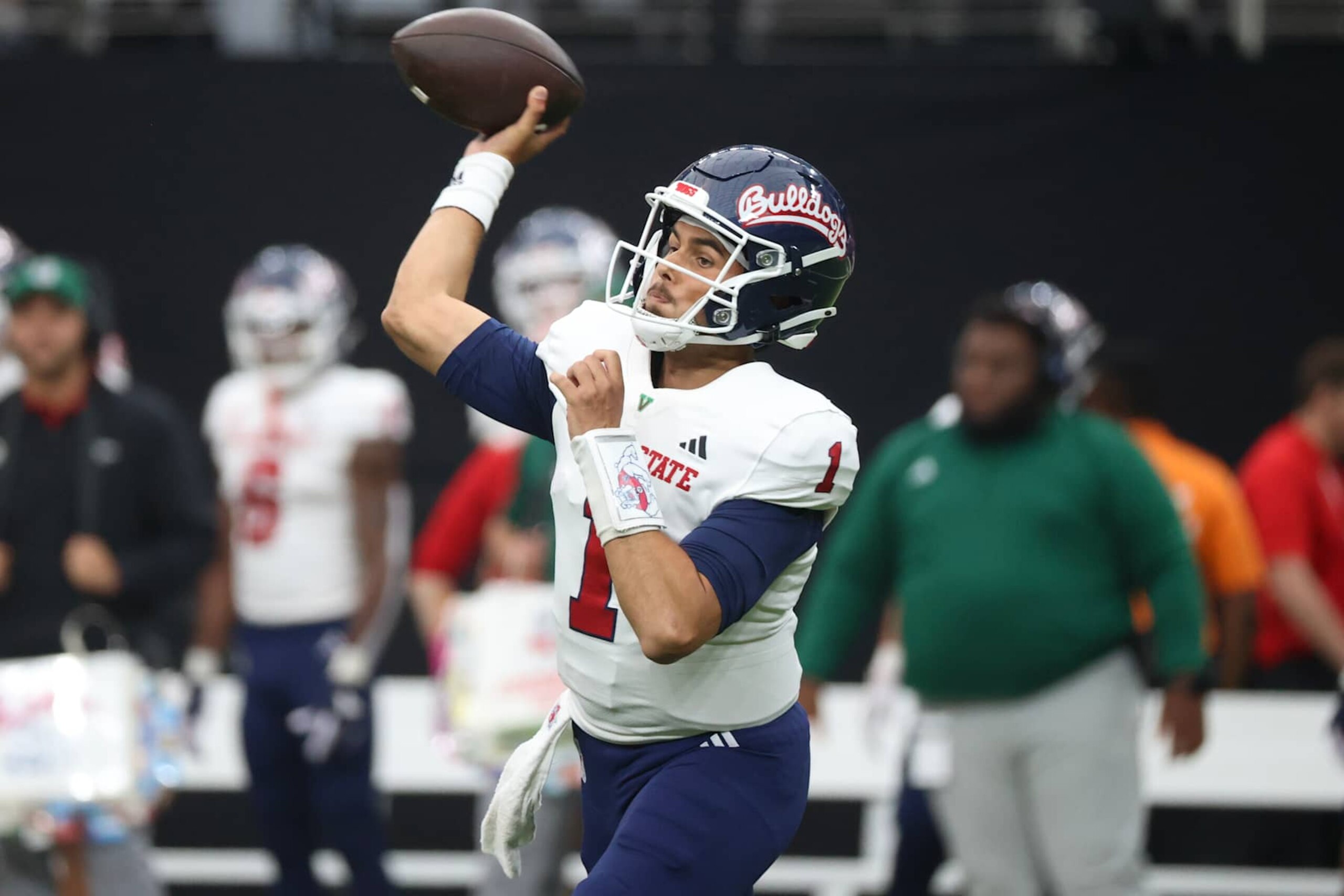 LAS VEGAS, NEVADA - SEPTEMBER 28: Mikey Keene #1 of the Fresno State Bulldogs attempts a pass during the first quarter of a game against the UNLV Rebels at Allegiant Stadium on September 28, 2024 in Las Vegas, Nevada.  (Photo by Ian Maule/Getty Images)