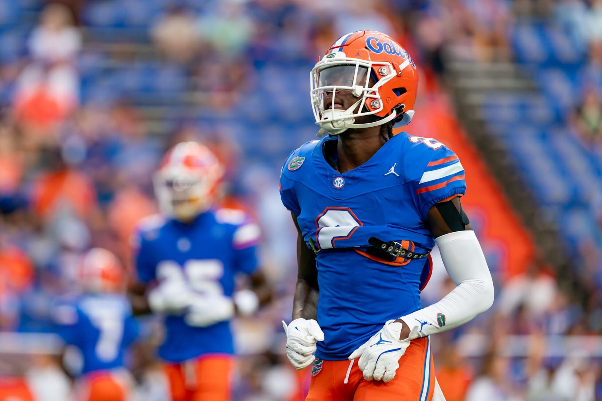 GAINESVILLE, FL - SEPTEMBER 07: Florida Gators defensive back Ja'Keem Jackson (2) jogs on the field before a college football game between the Samford Bulldogs and the Florida Gators on September 7th, 2024 at Ben Hill Griffin Stadium in Gainesville, FL(Photo by Chris Leduc/Icon Sportswire via Getty Images)