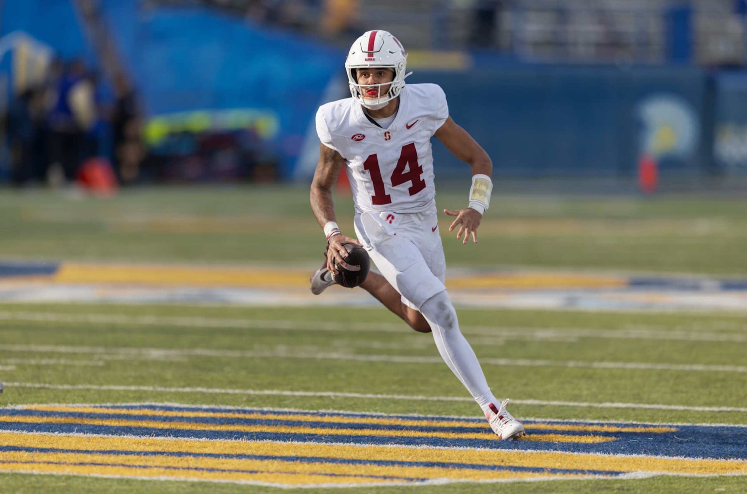 SAN JOSE, CA - NOVEMBER 29:  Quarterback Ashton Daniels #14 of the Stanford Cardinal attempts a pass during a non-conference game against the San Jose State Spartans played on November 29, 2024 at CEFCU Stadium in San Jose, California.  (Photo by David Madison/Getty Images)