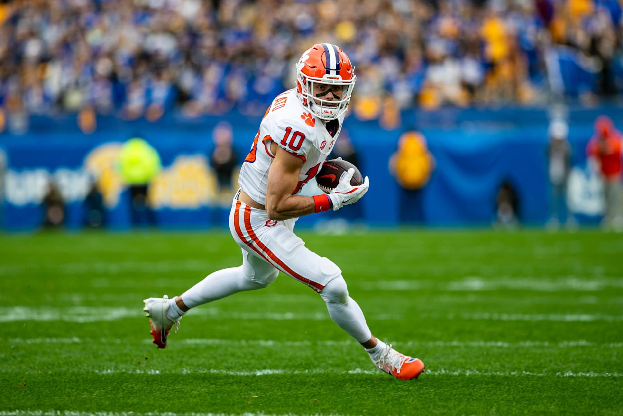 PITTSBURGH, PA - NOVEMBER 16: Clemson Tigers wide receiver Troy Stellato (10) runs with the ball after making a catch during the college football game between the Clemson Tigers and Pittsburgh Panthers on November 16, 2024 at Acrisure Stadium in Pittsburgh, PA. (Photo by Mark Alberti/Icon Sportswire via Getty Images)