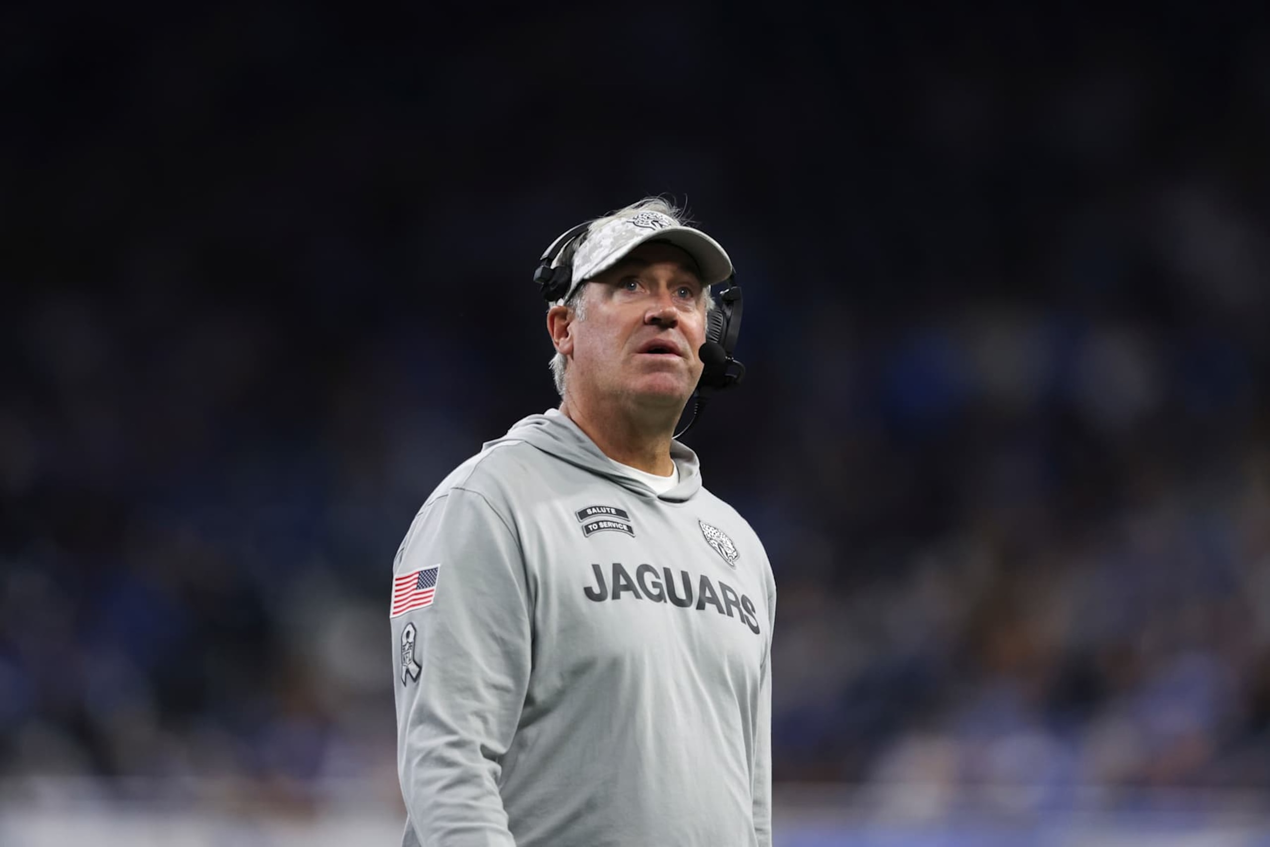 DETROIT, MICHIGAN - NOVEMBER 17: Head coach Doug Pederson of the Jacksonville Jaguars looks toward the video board during a game against the Detroit Lions at Ford Field on November 17, 2024 in Detroit, Michigan. The Lions defeated the Jaguars 52-6. (Kara Durrette/Getty Images)